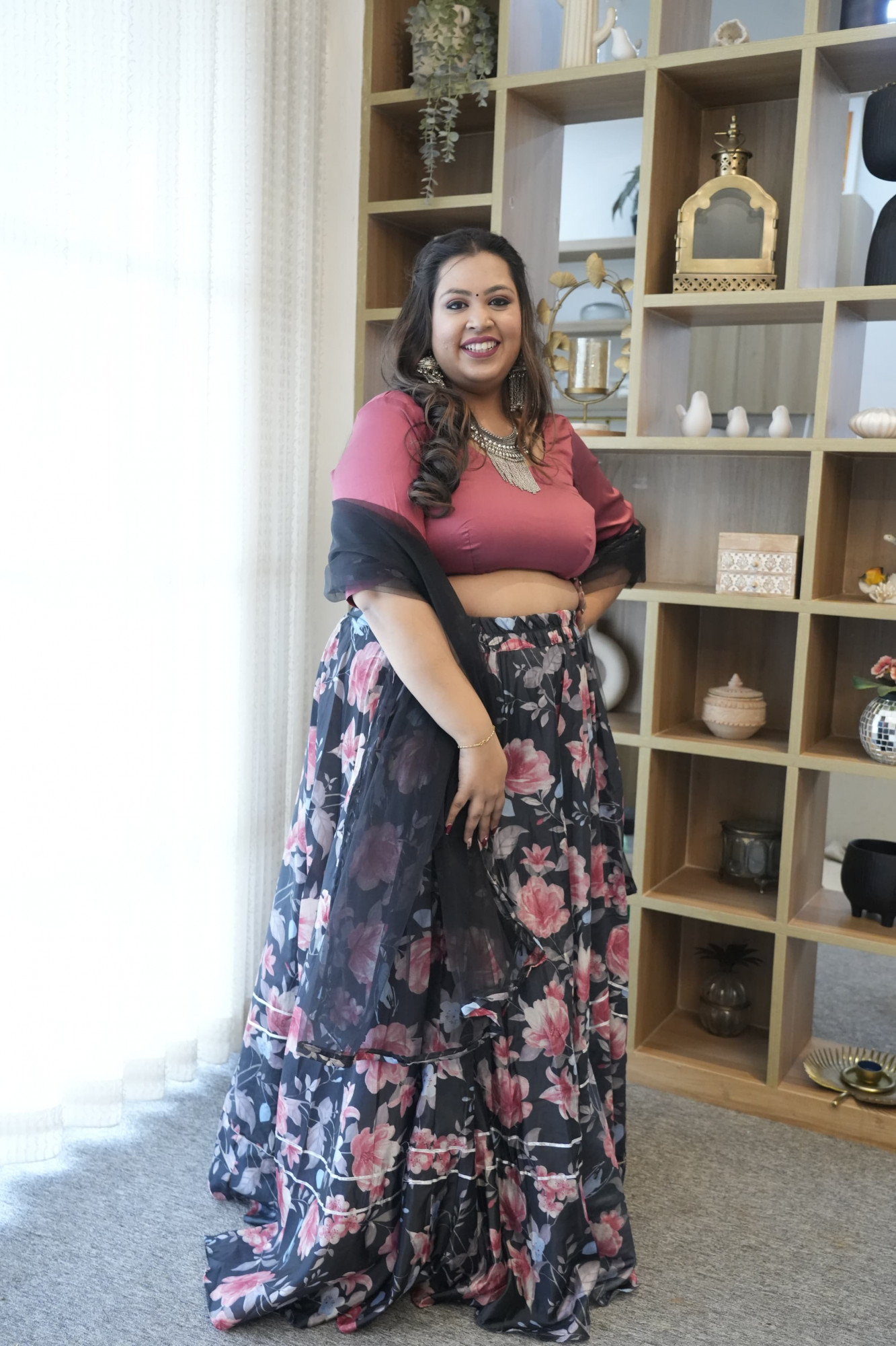 Black Floral Silk Lehenga Set