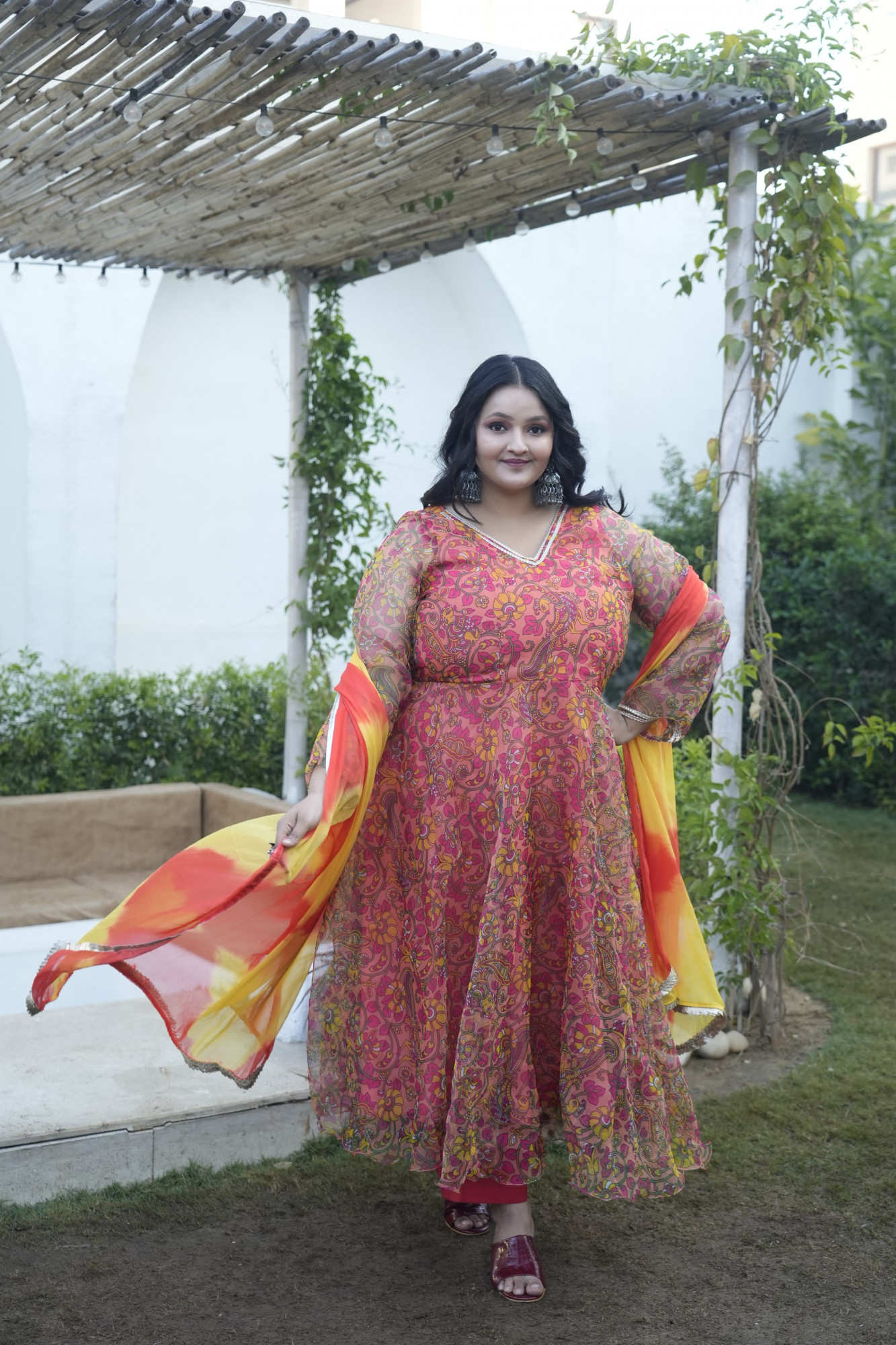 Tangerine Peacock Paisley Orgenza Anarkali Set