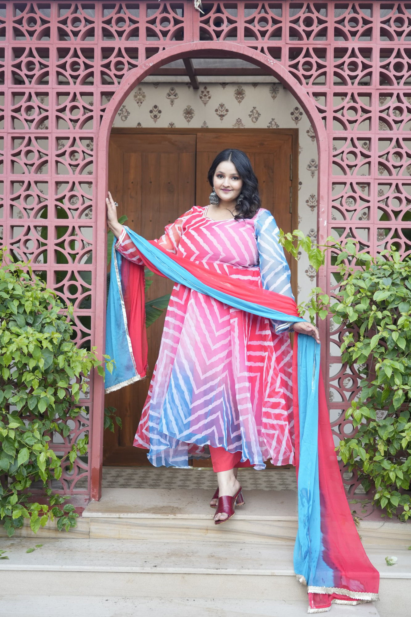 Ombre Abstract Blue and Cherry Orgenza Anarkali Set