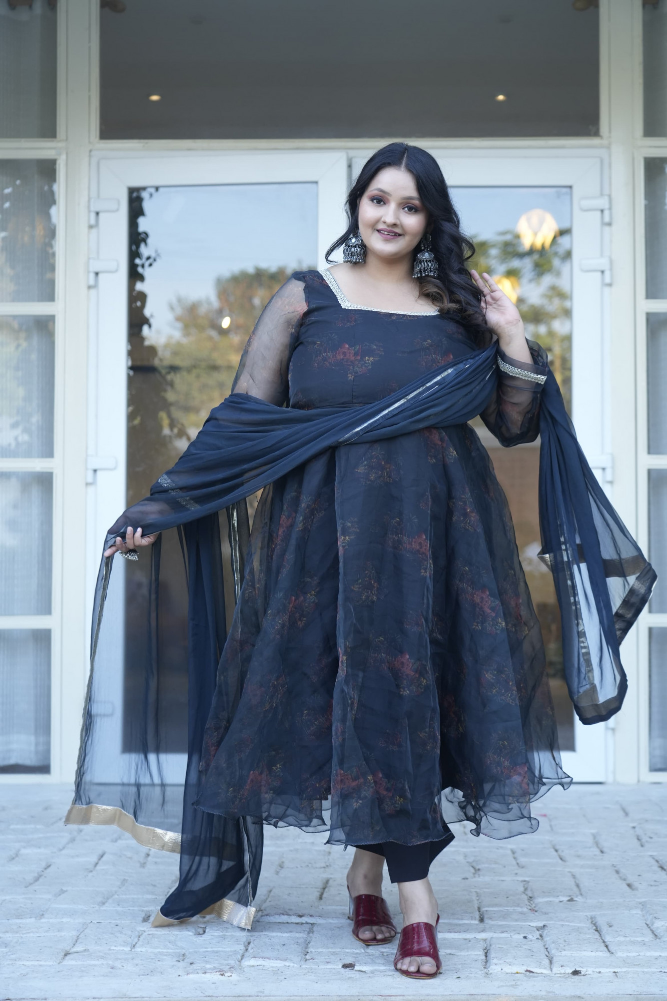 Black Taj Mahal Printed Orgenza Anarkali Set