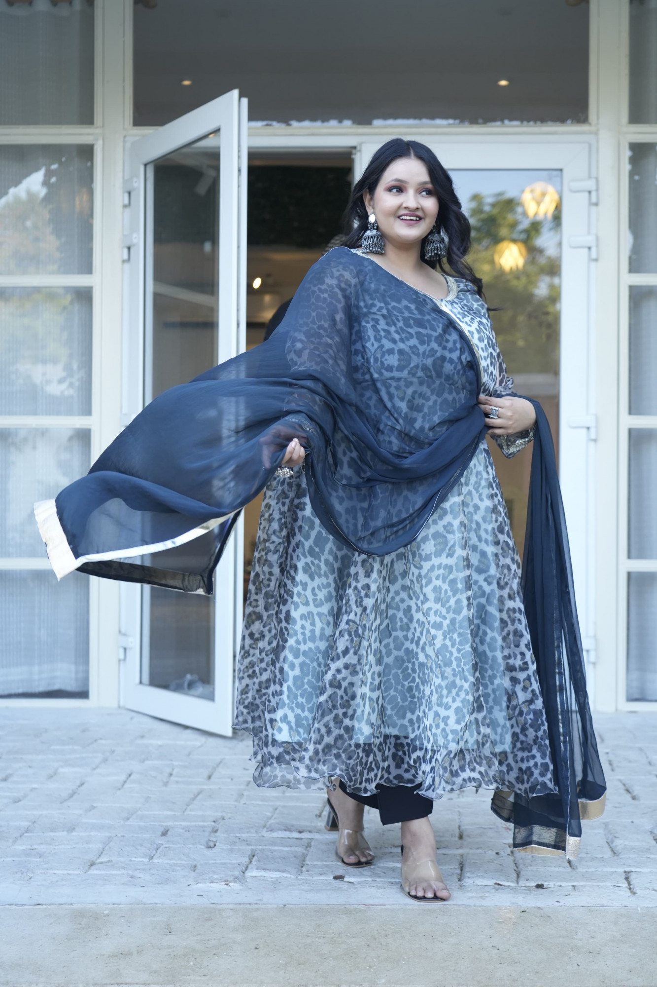 Cinder Animal Printed Black Orgenza Anarkali Set