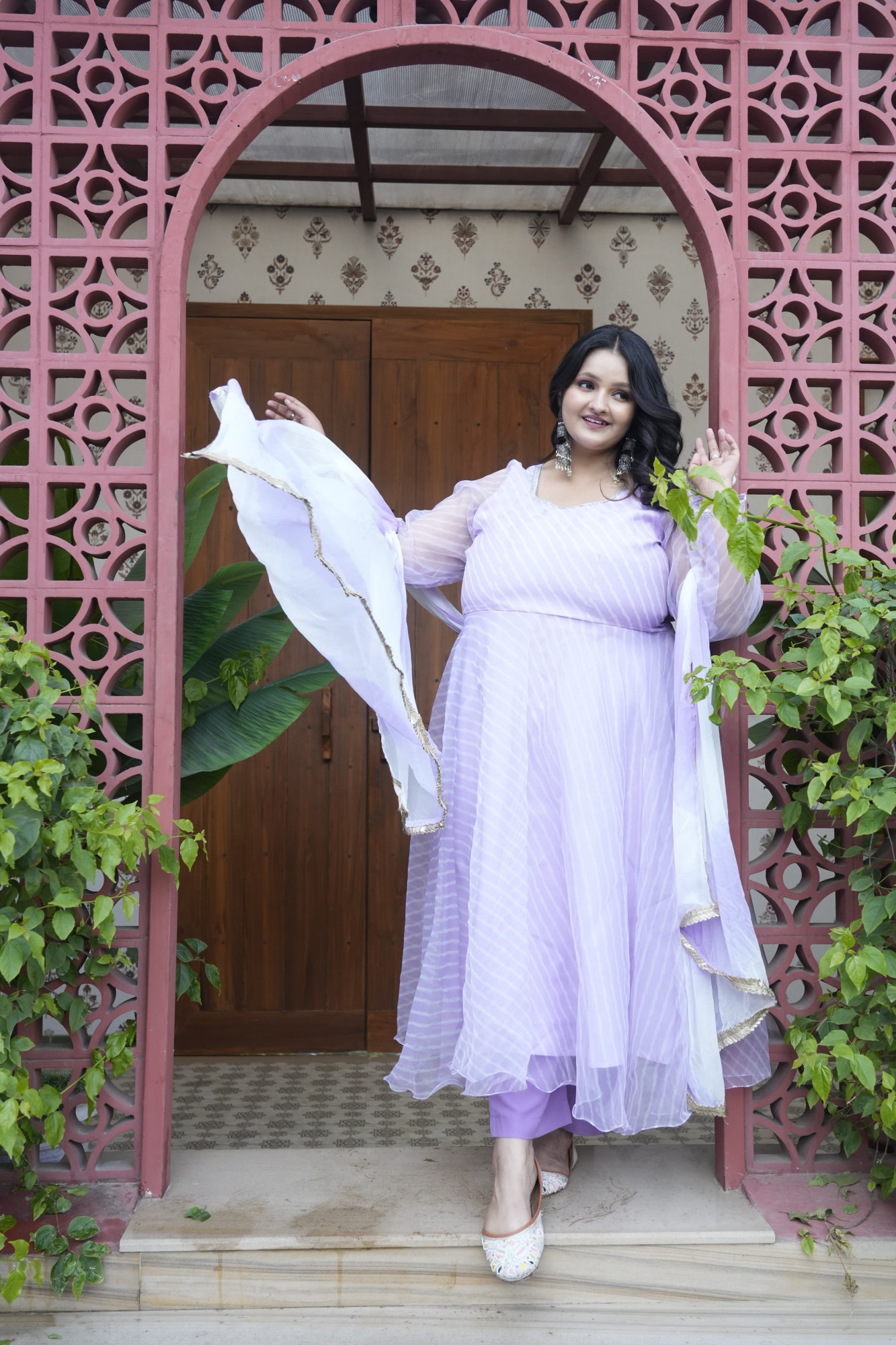 Meher Leheriya Lavender and White Orgenza Anarkali Set