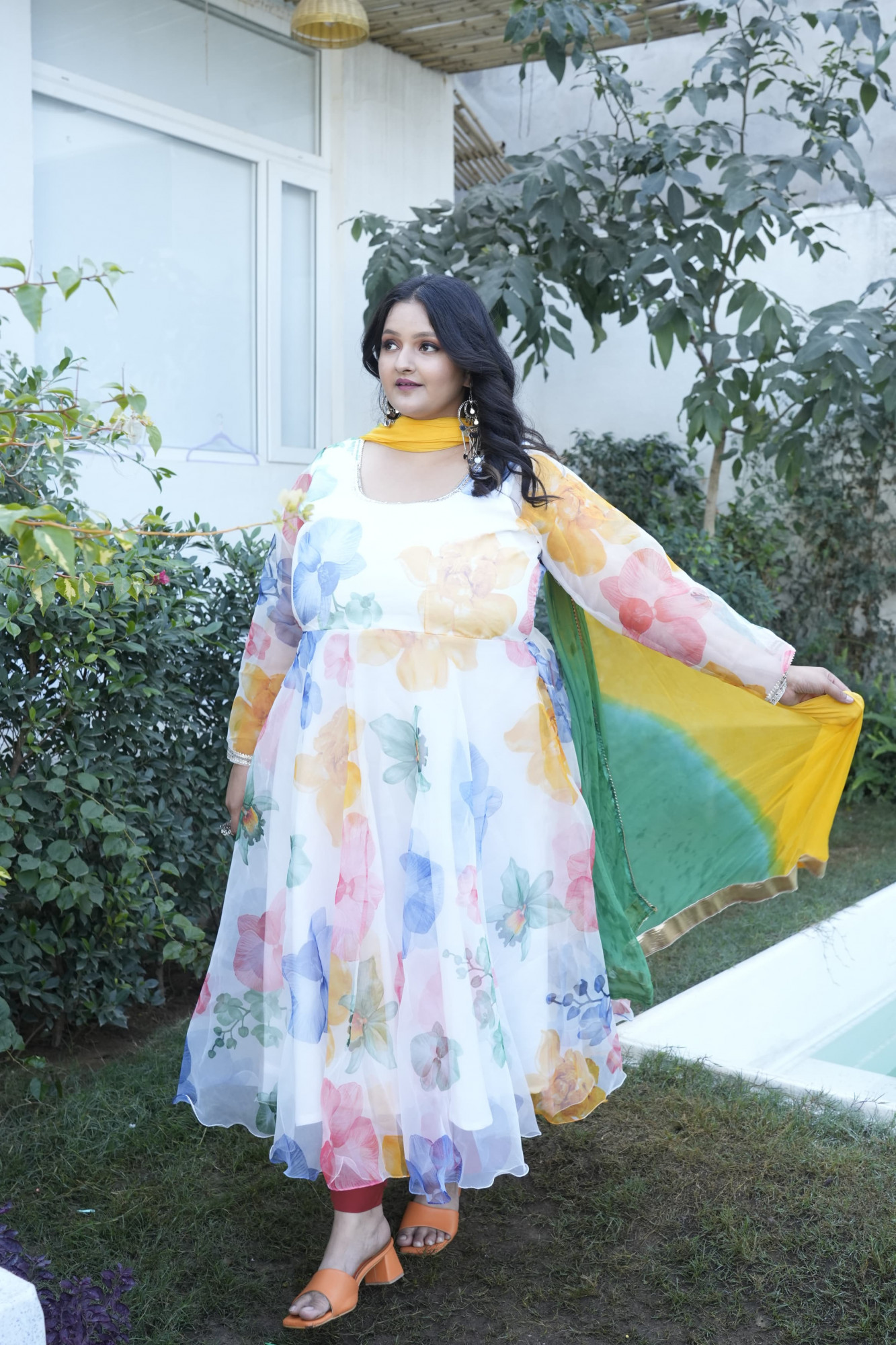 Pearl Perfection Colourful Floral Orgenza Anarkali Set