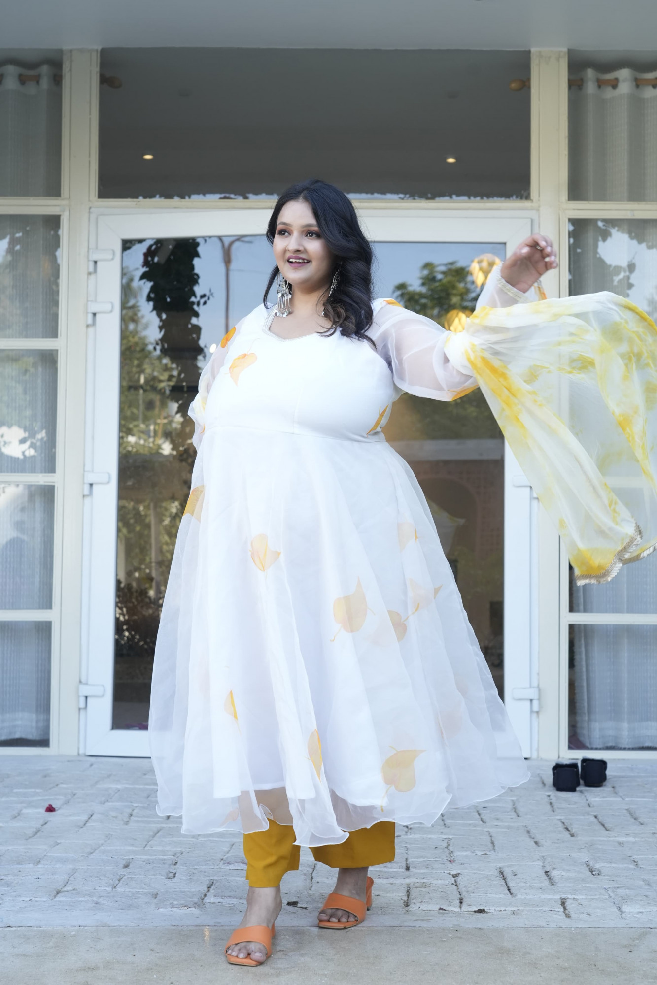 Peace Yellow Leaf Orgenza Anarkali Set