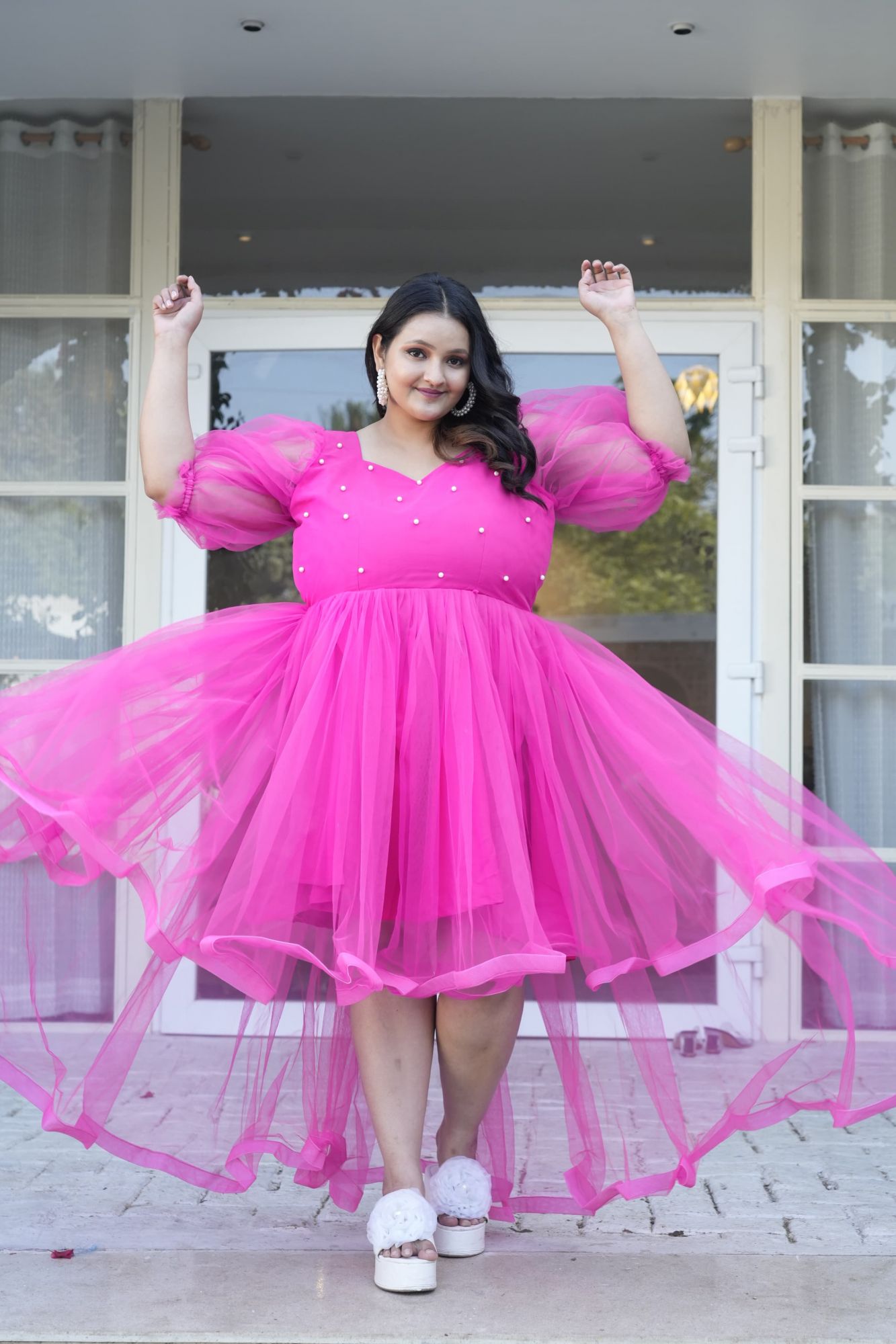 Hot pink up and down pearl dress