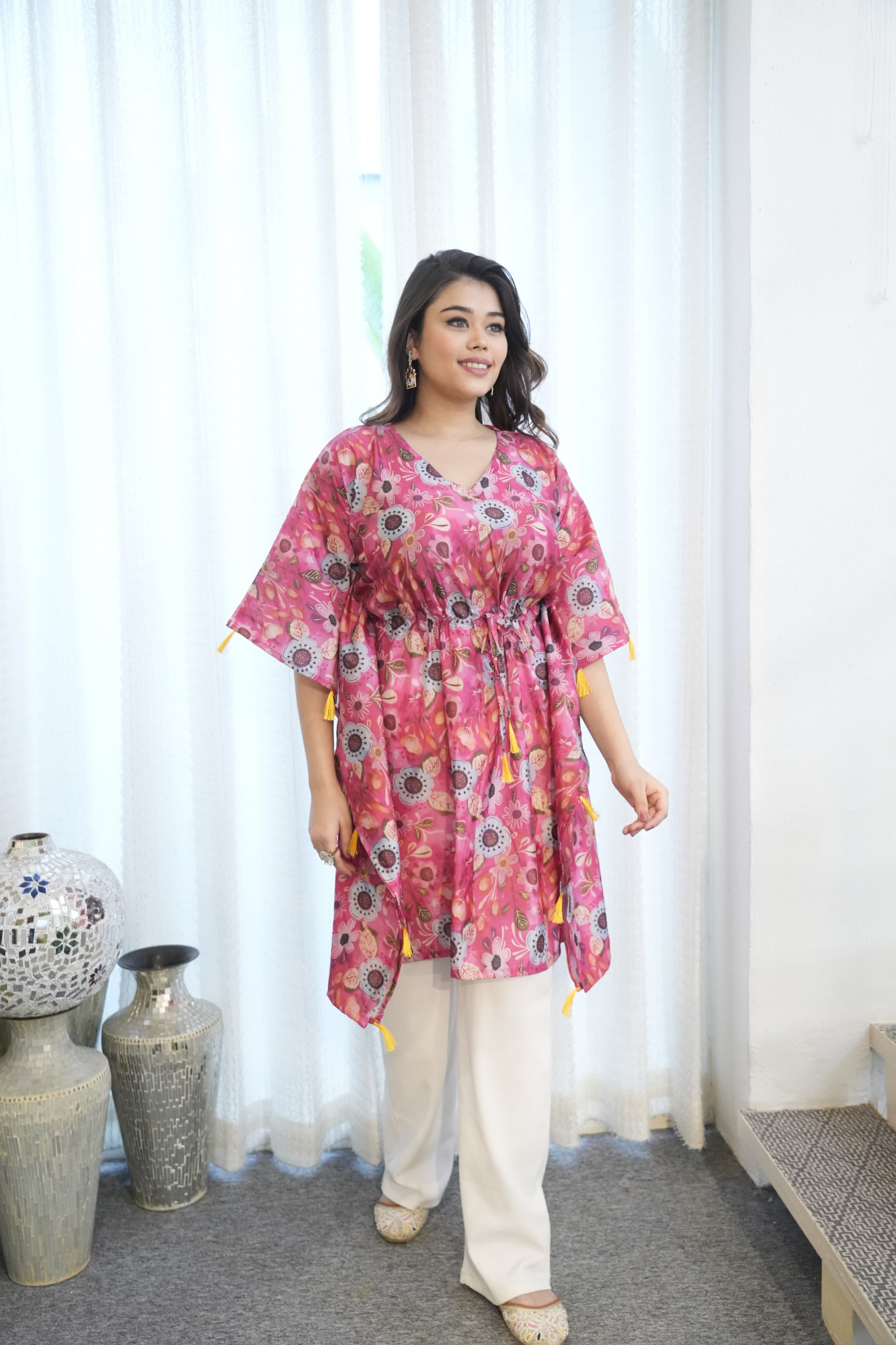 Grey Flowers Printed Tassels Detailed Kaftan