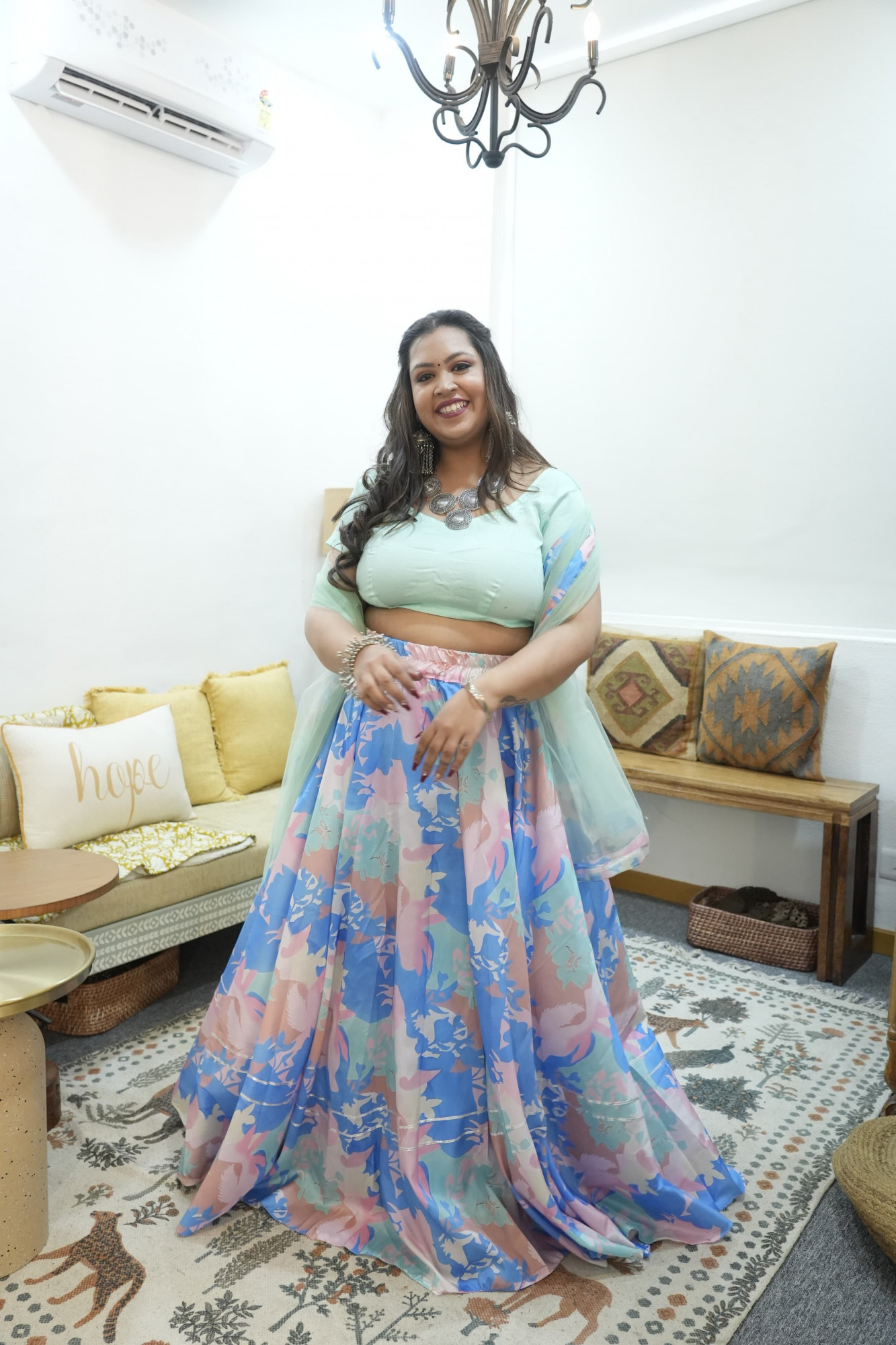 Shades Of Blue Abstract Printed Silk Lehenga Set