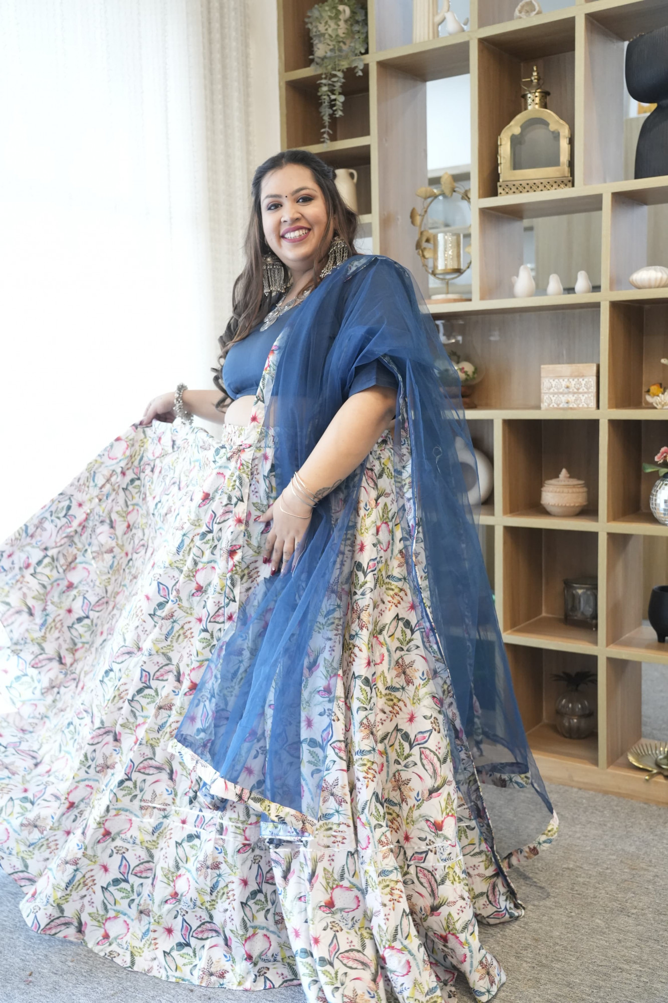 Teal Floral Twist Silk Lehenga Set