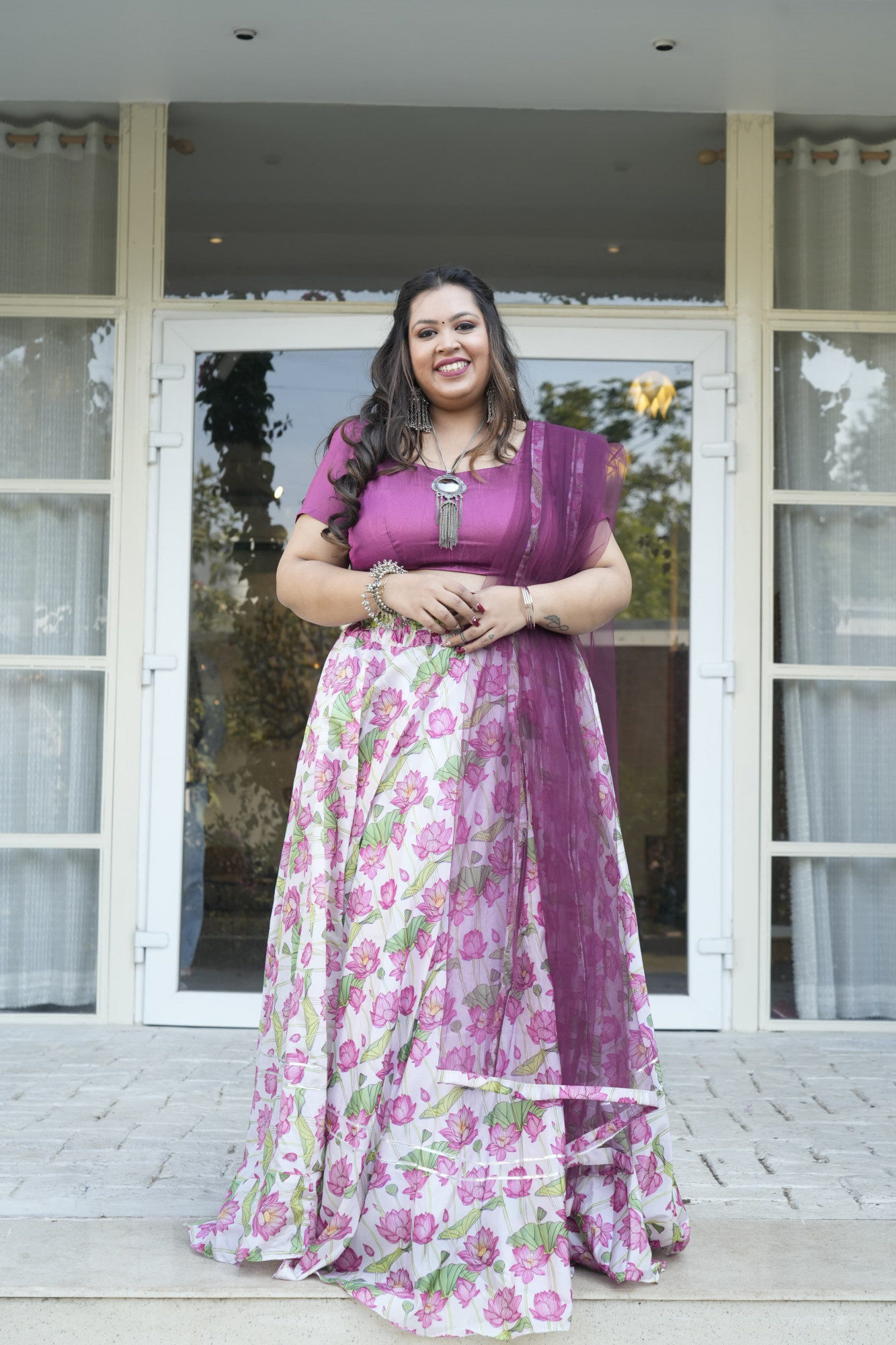 White and Wine Lotus Silk Lehenga Set