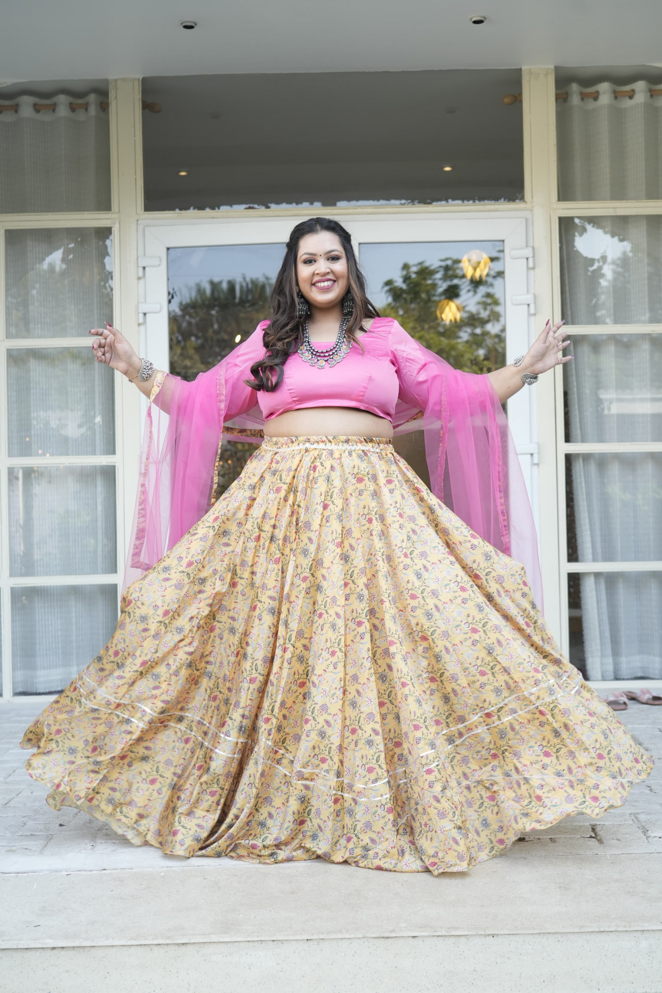 Mustard Floral Silk Lehenga Set