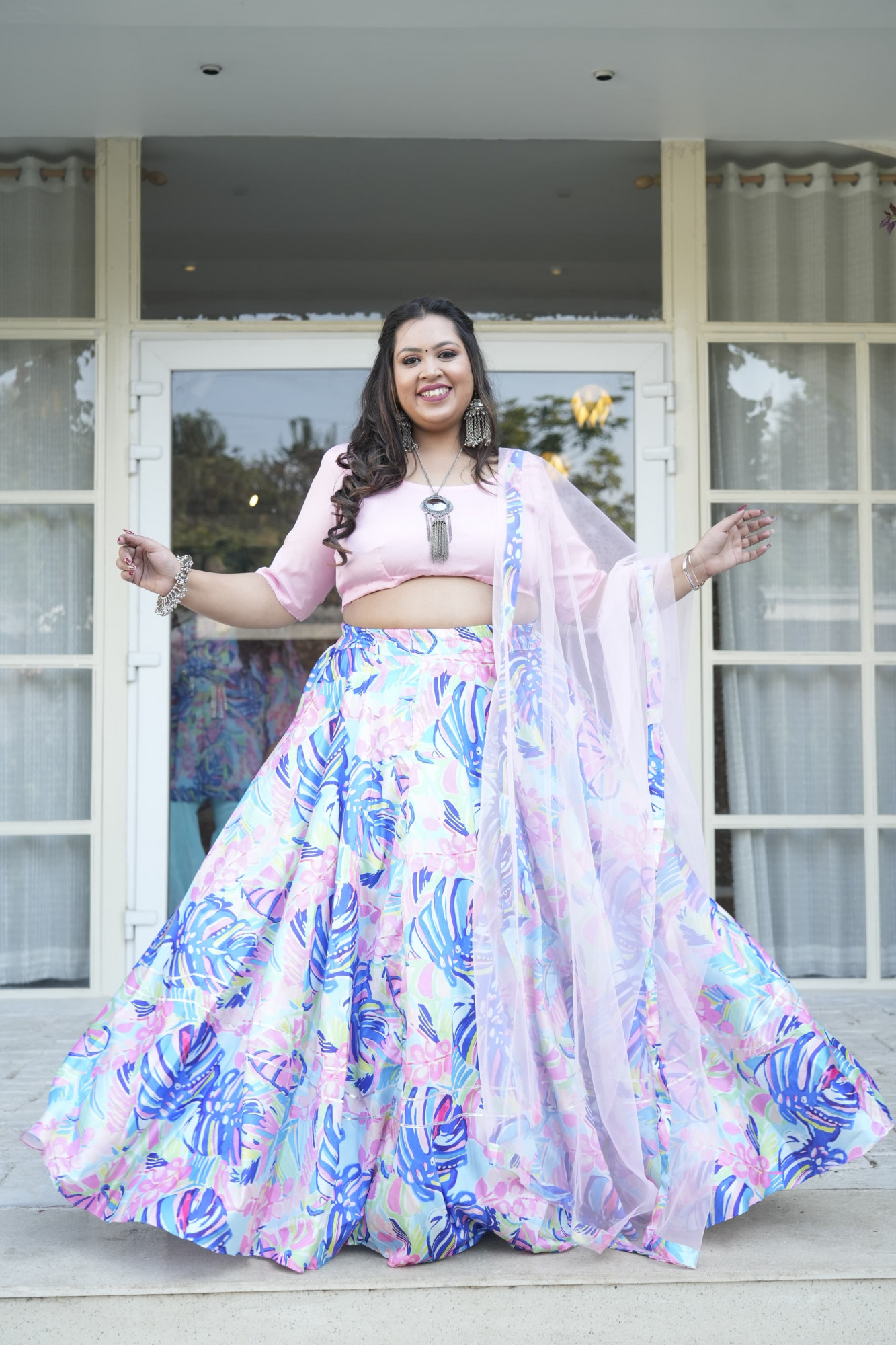 Bold Pastel Leaf Silk Lehenga Set