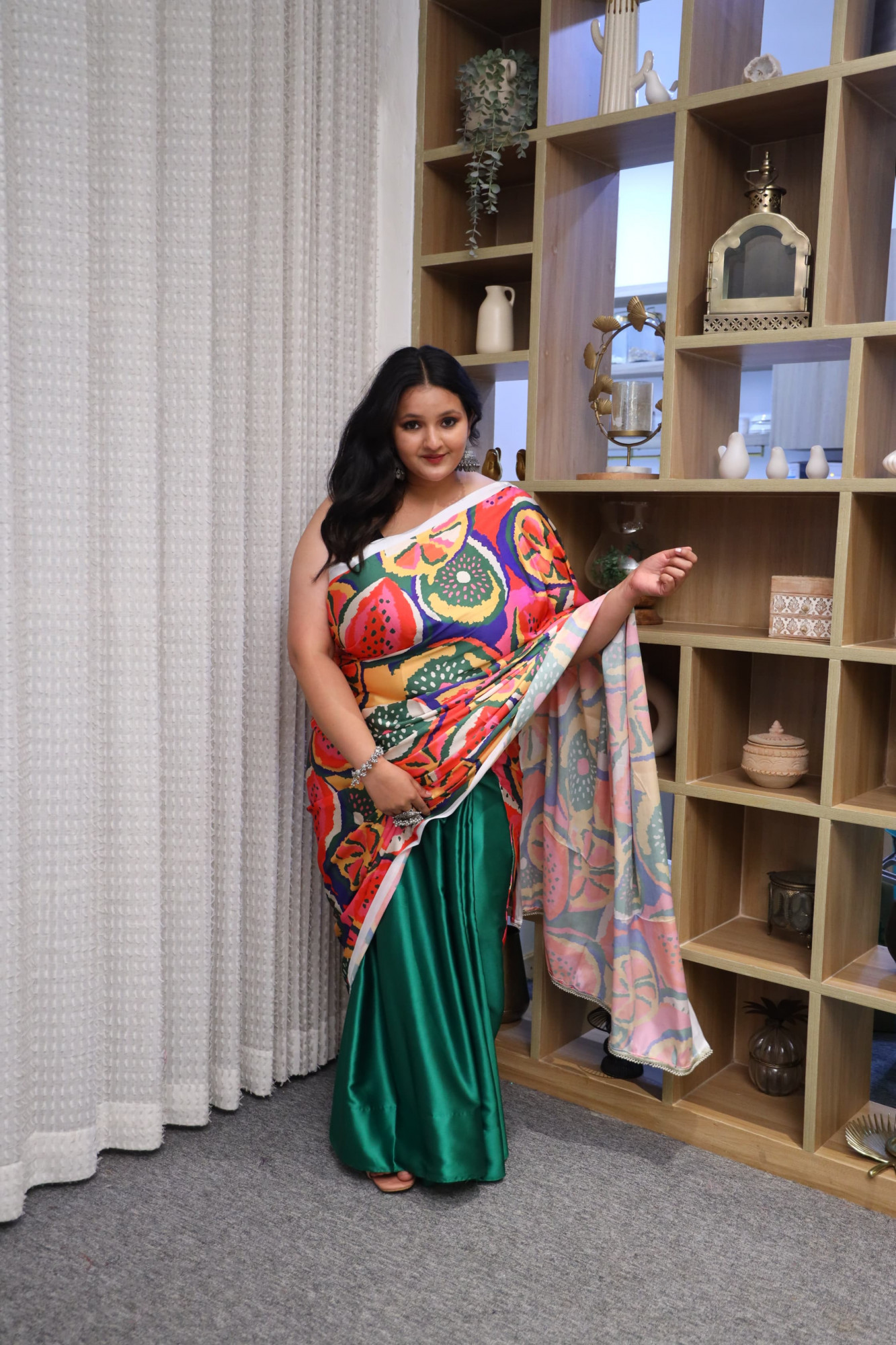 Lime Twist Plus Size Satin Saree