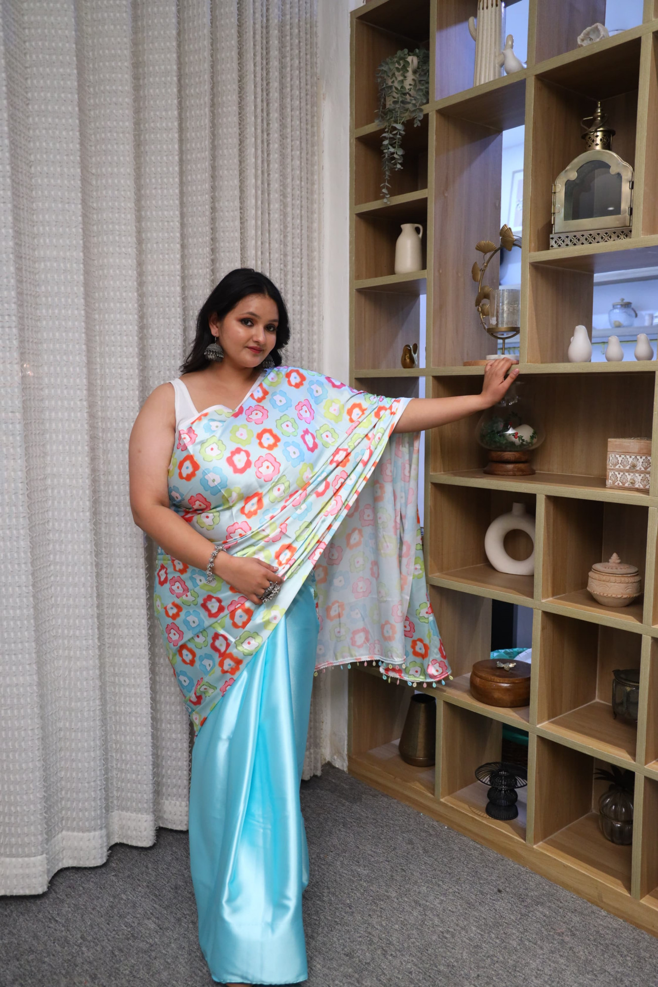 Colourful Floral Sky Blue Plus Size Satin Saree