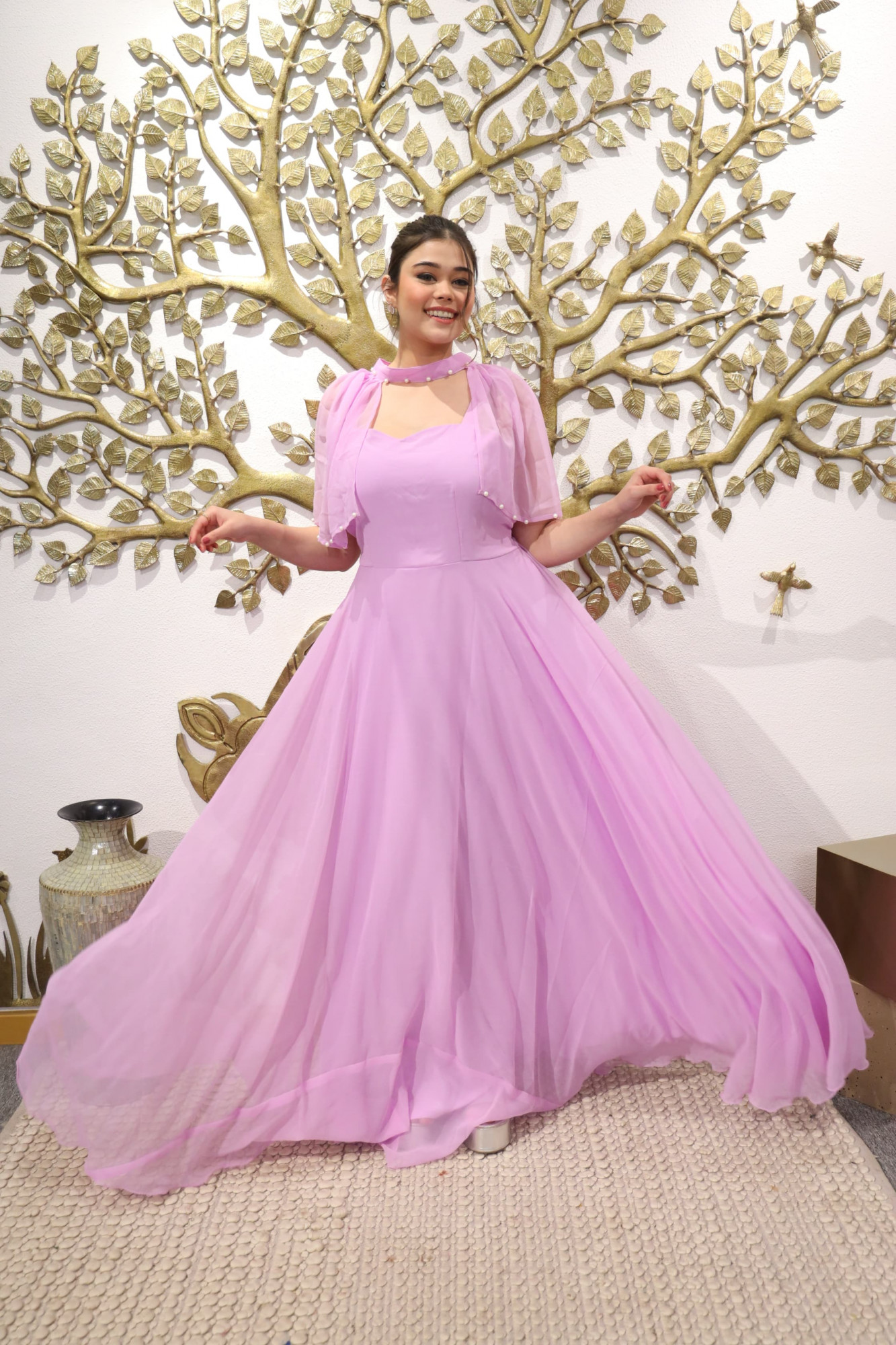 Lilac Whisper Georgette Gown with Cape Sleeves