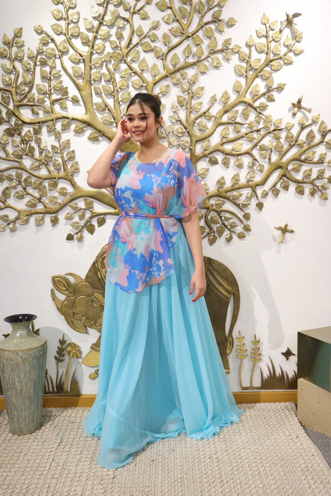 Sky Blue Abstract Dress With Cape