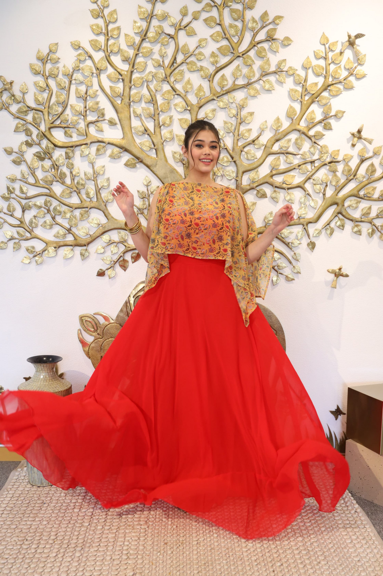 Mustard and Red Dress With Cape