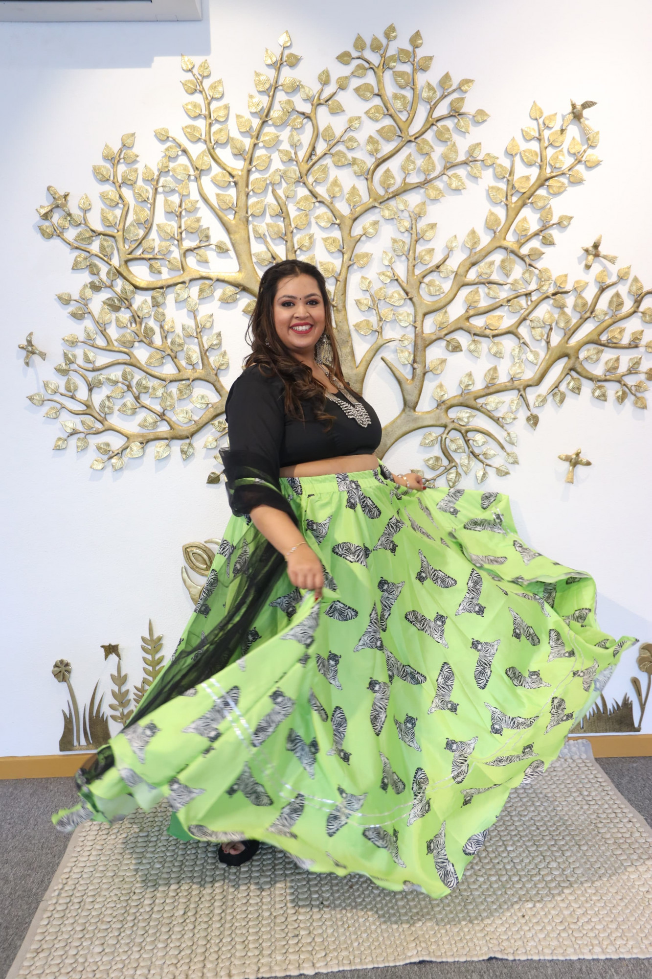Black and Green Animal Printed Silk Lehenga Set