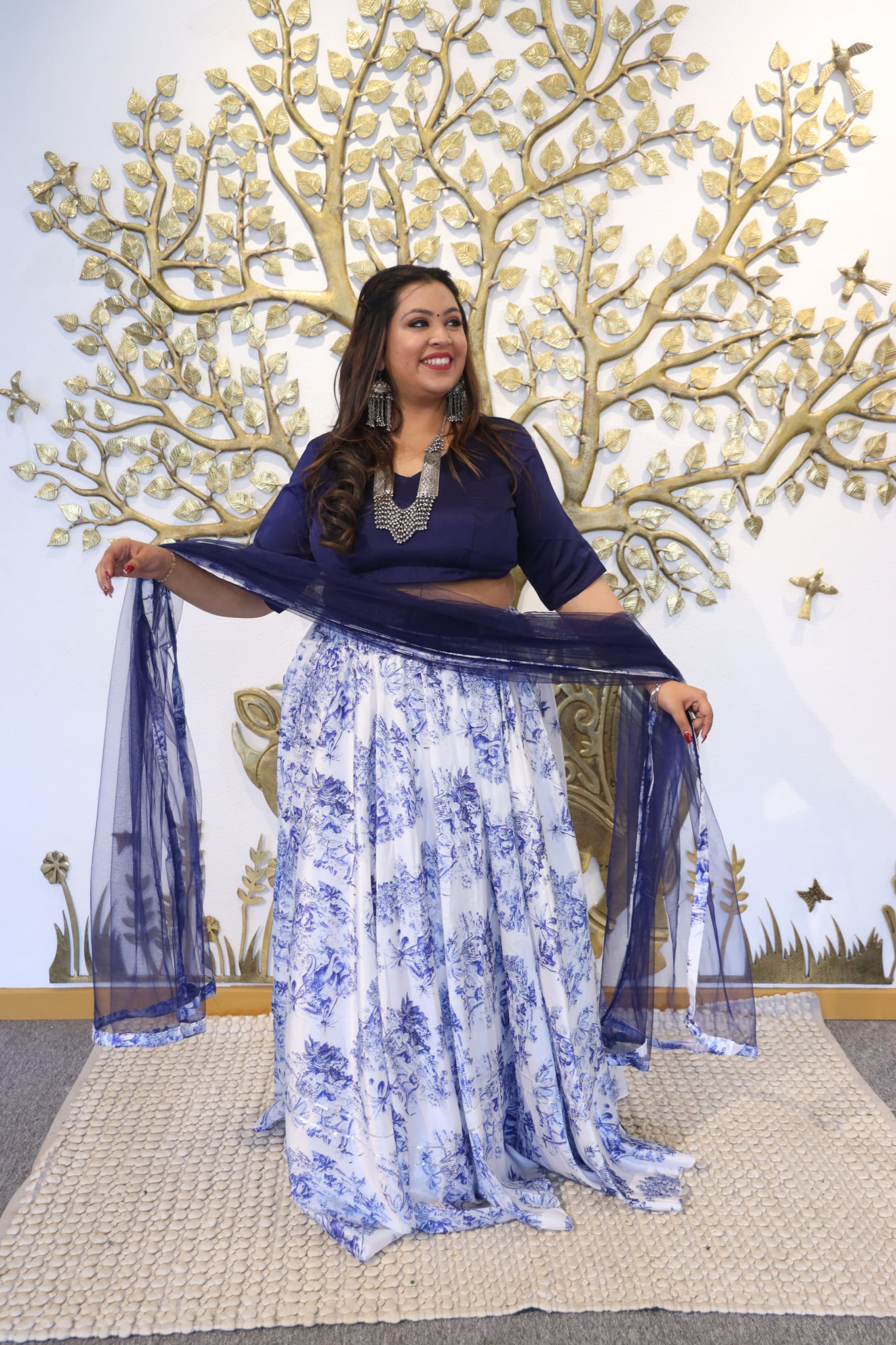 Indigo Elephant Silk Lehenga Set