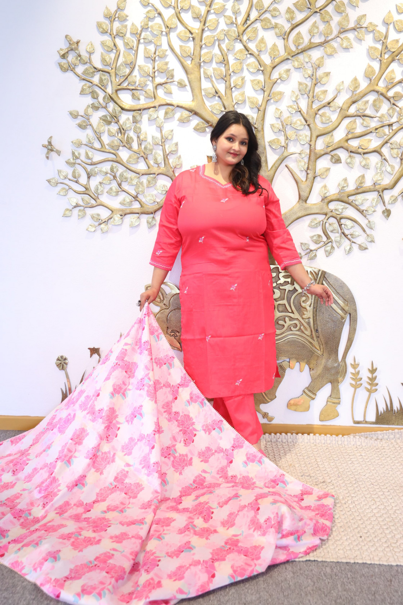 Celestial Coral Embroidered Suit Set