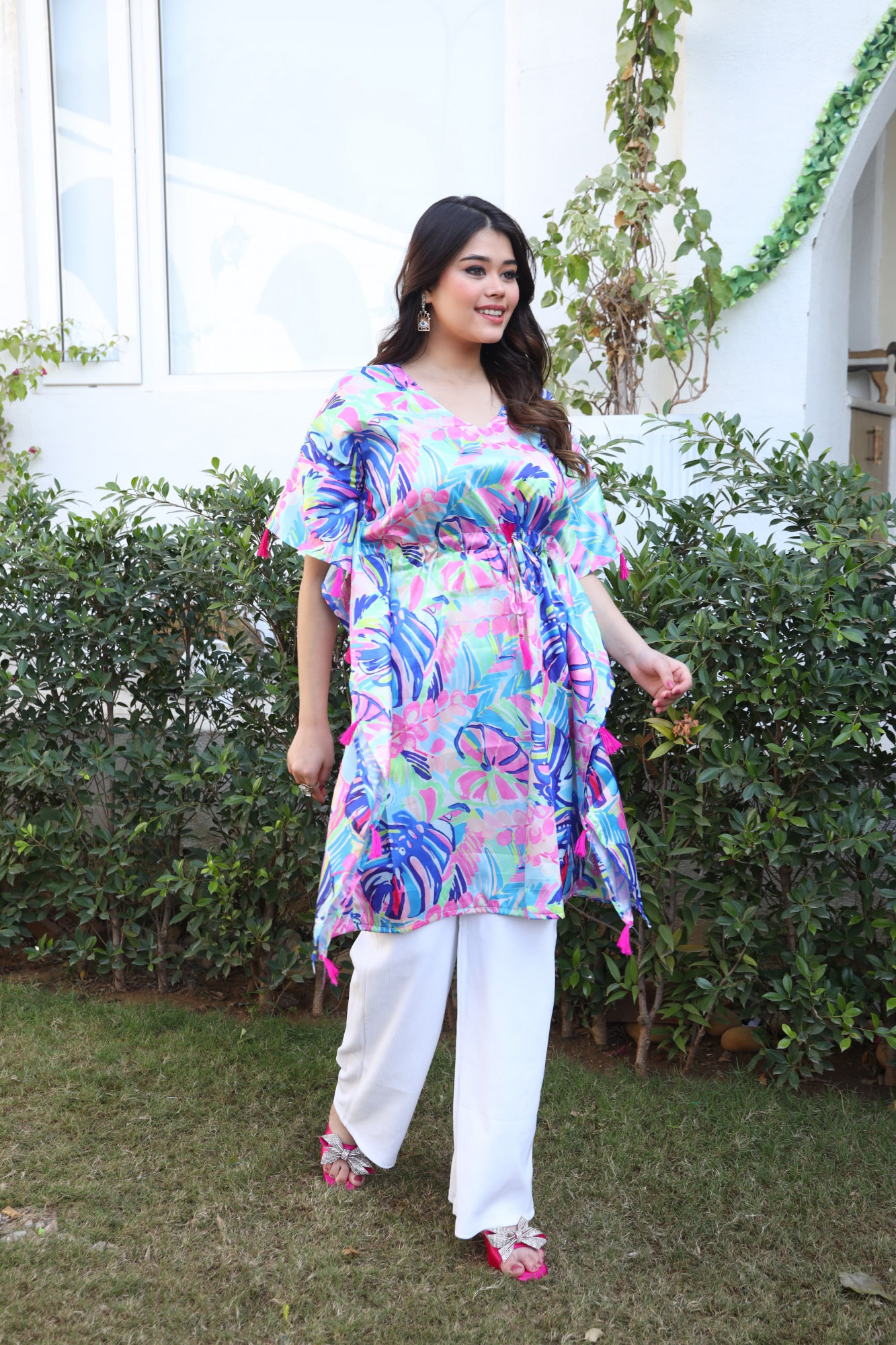 Multicolur Leaf Printed Tassels Detailed Kaftan