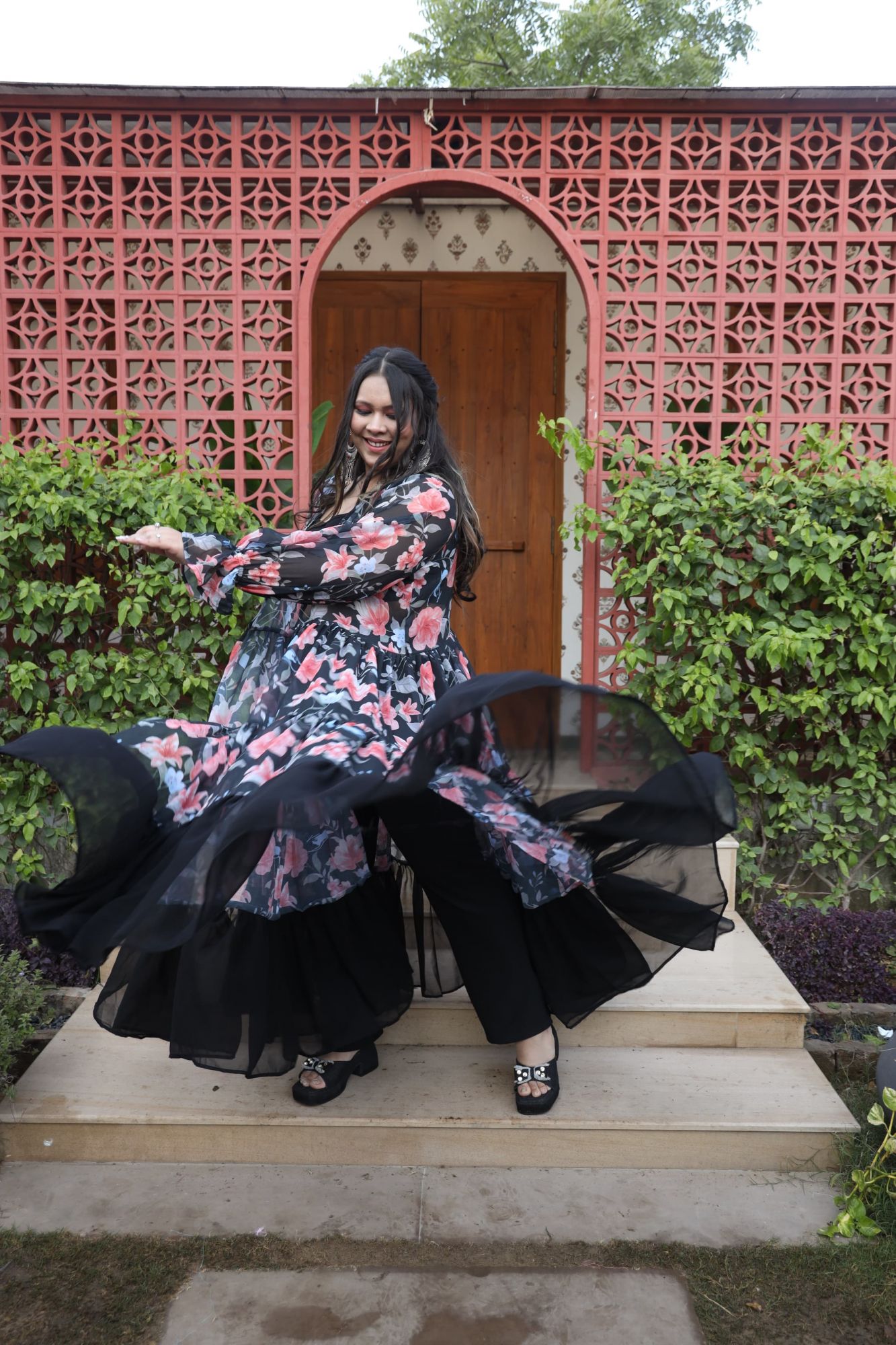 Black Floral Printed Georgette Flared Shrug
