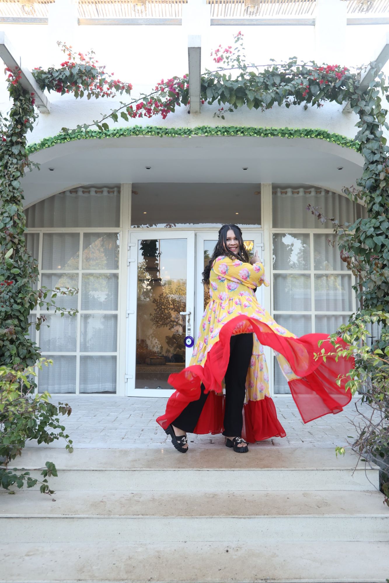 Yellow Lotus Printed Georgette Flared Shrug