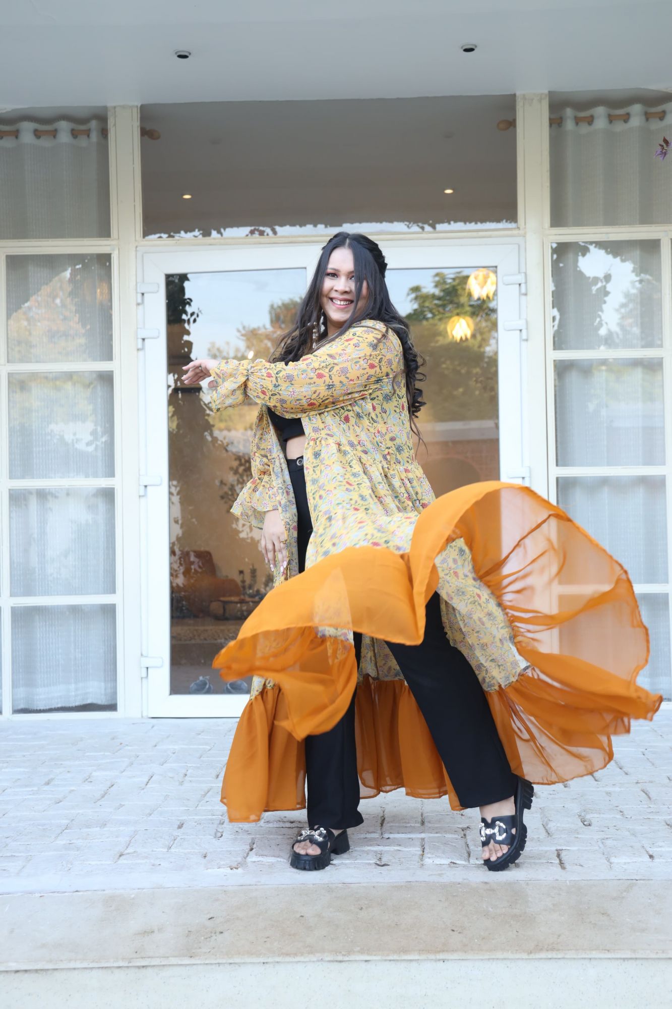 Yellow Floral Printed Georgette Flared Shrug