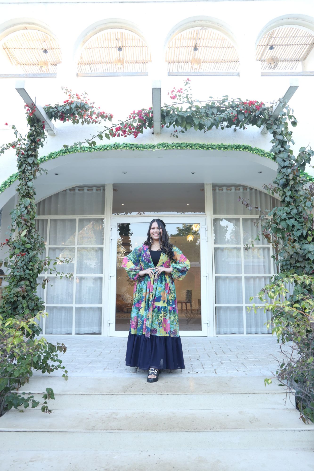 Navy Blue Abstract Floral Printed Georgette Flared Shrug