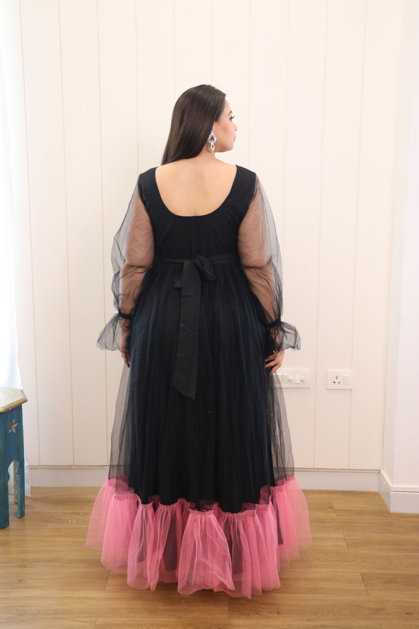 Black And Pink Net Frill Gown