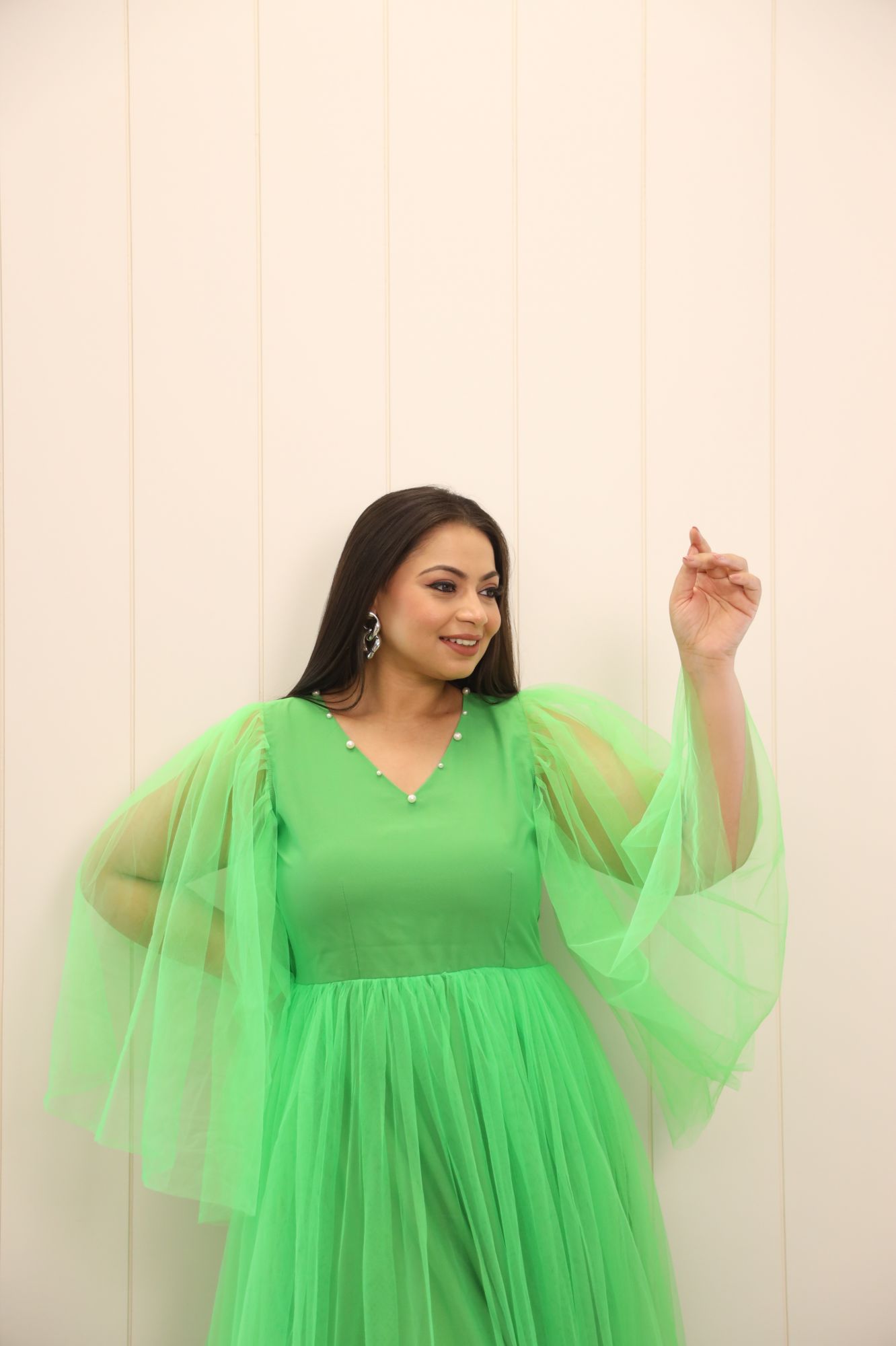 Green and Blue Pearl Net Frill Gown