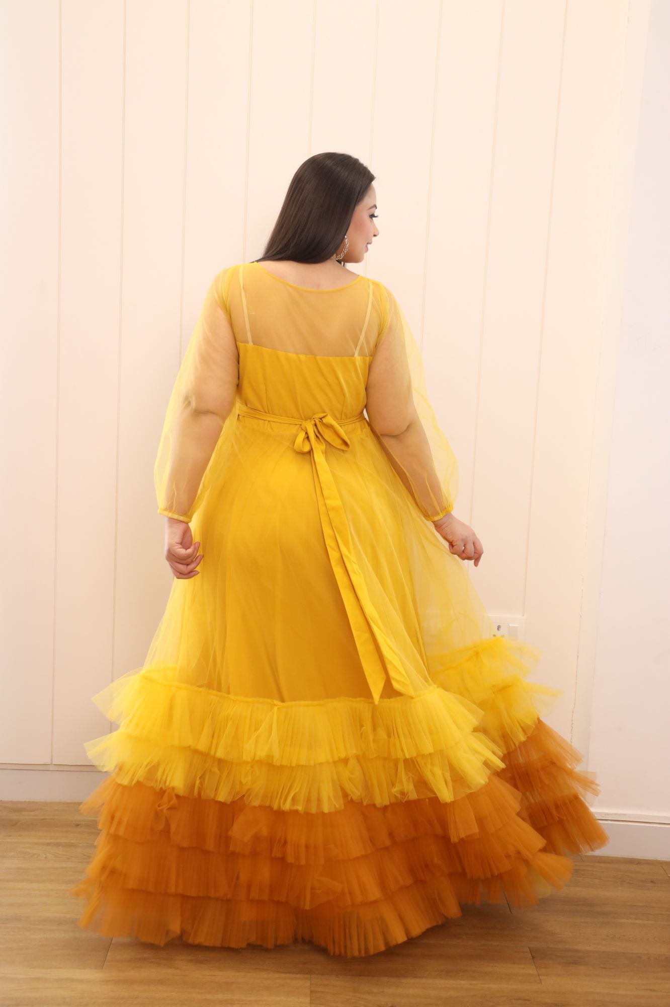 Yellow Shaded Pearl Net Frill Gown