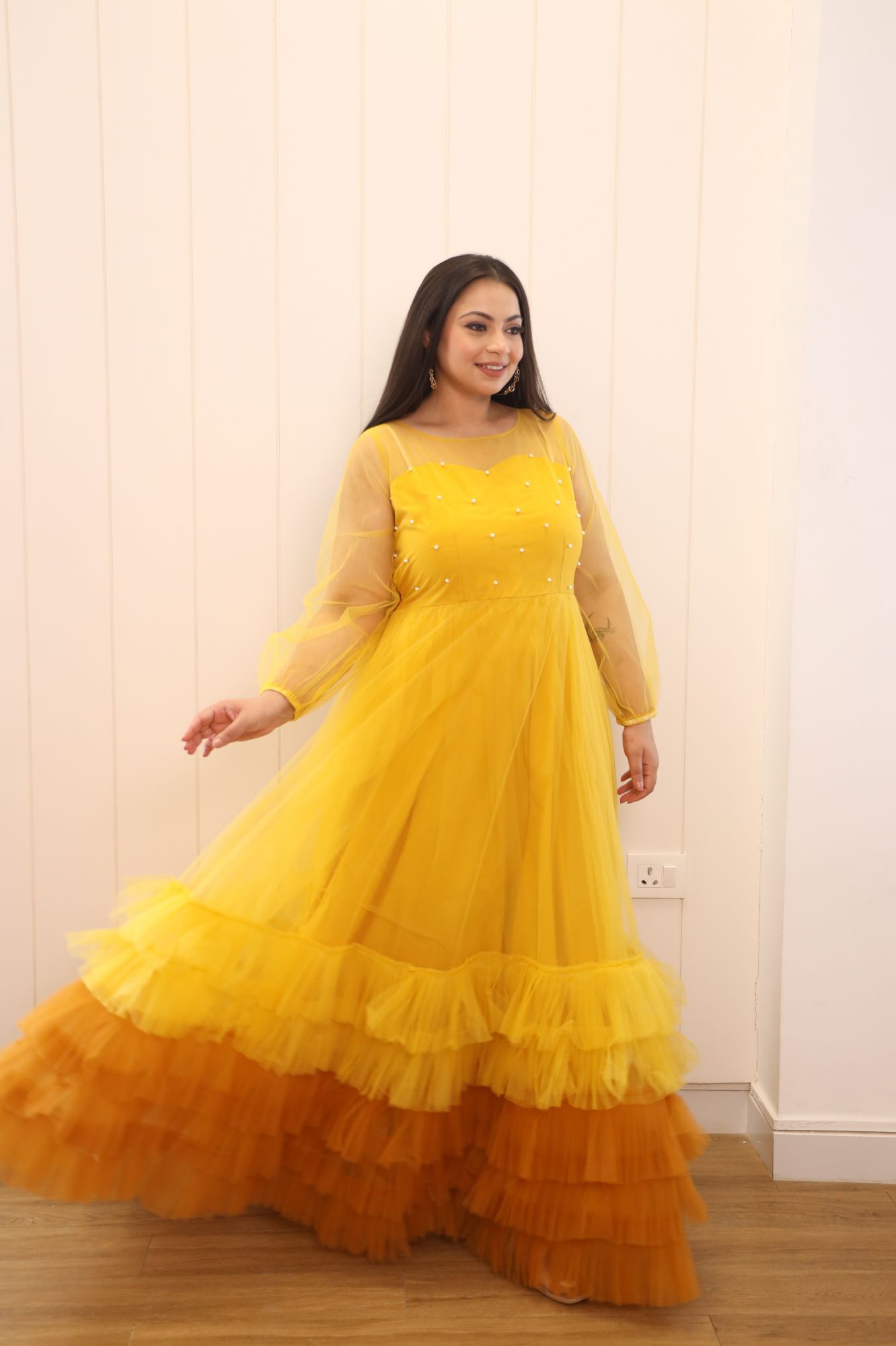 Yellow Shaded Pearl Net Frill Gown
