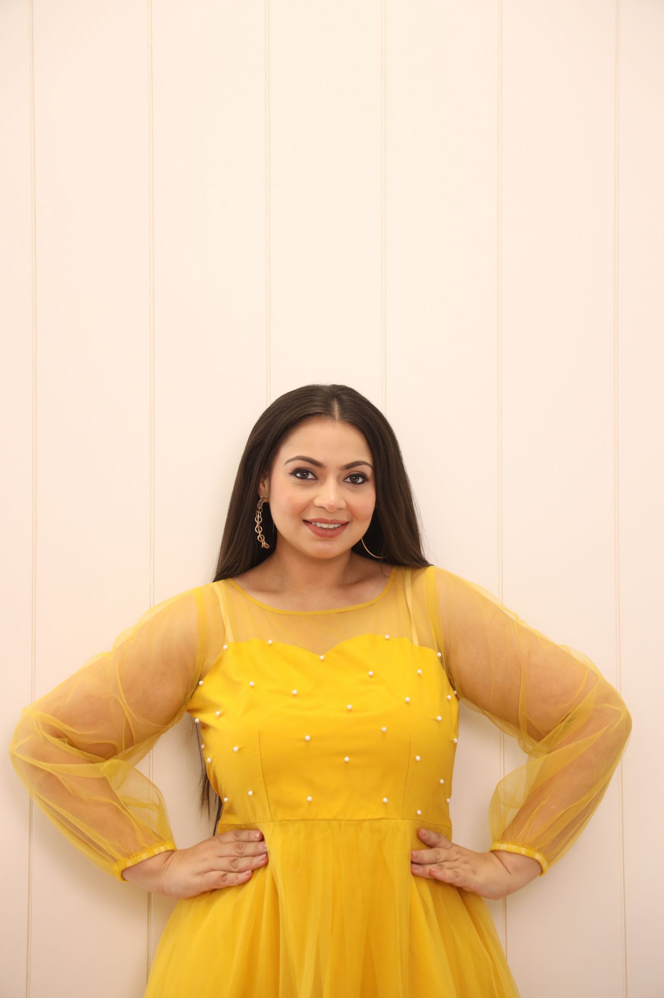 Yellow Shaded Pearl Net Frill Gown