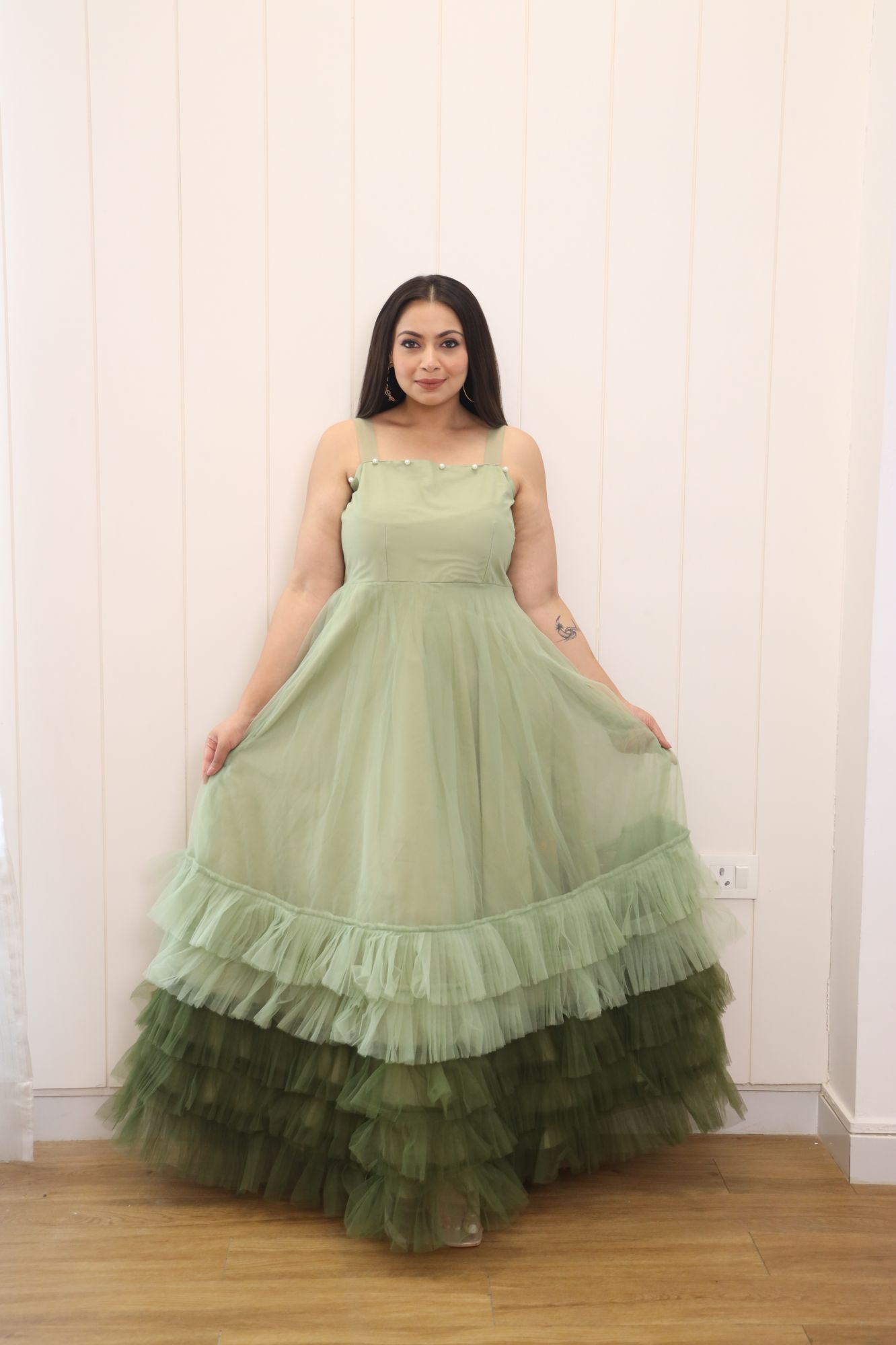 Shades Of Green Net Frill Gown