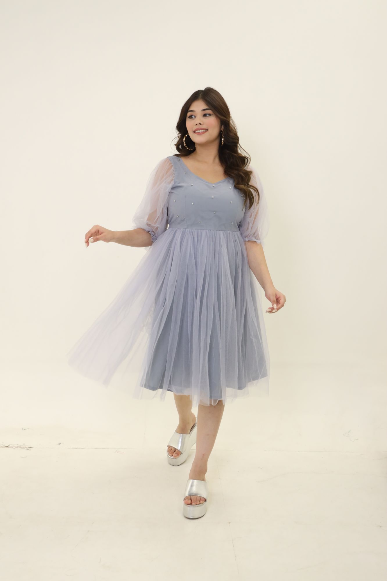 Grey Star Embellished Flared Short Dress