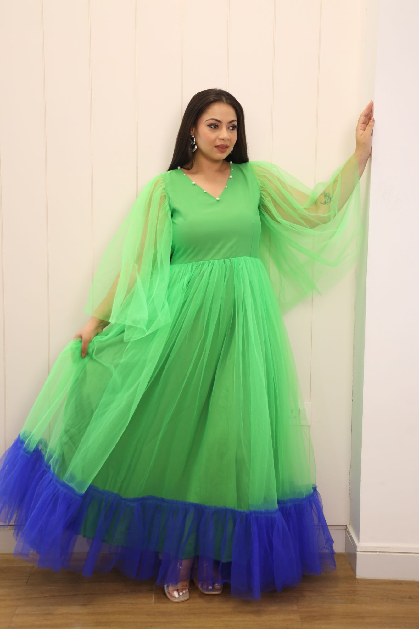 Green and Blue Pearl Net Frill Gown