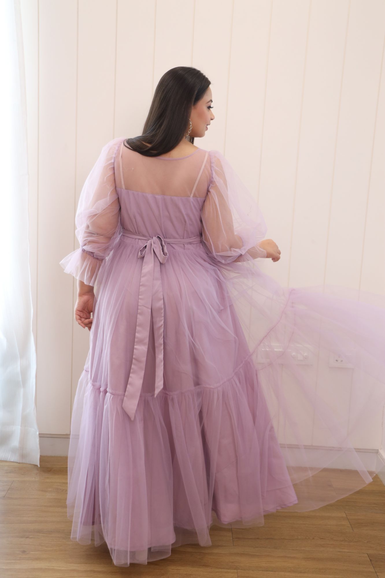 Dusty Lavender Pearl Net Frill Gown