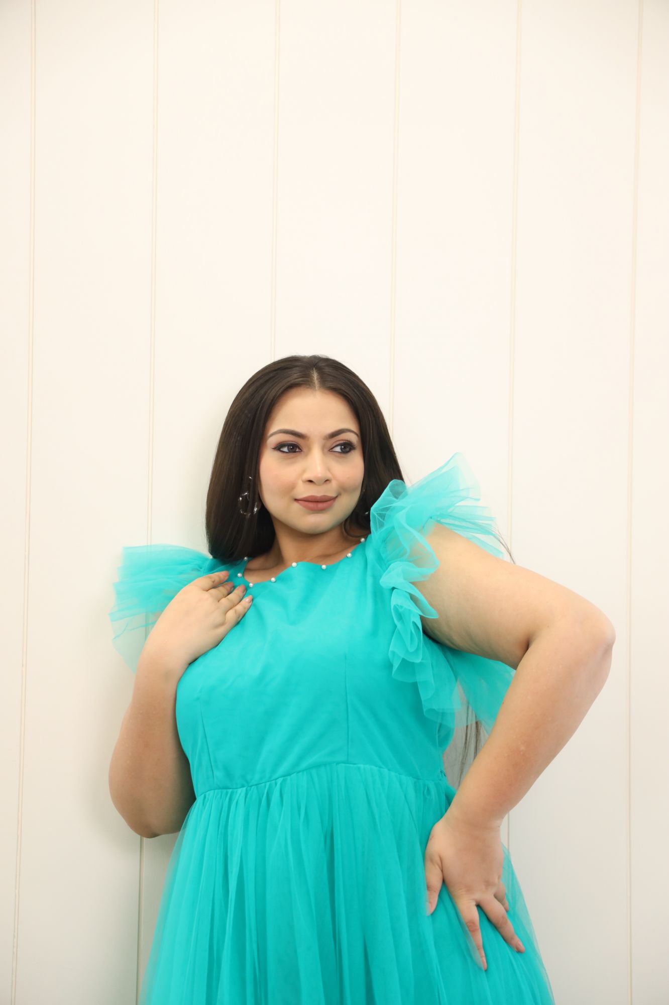 Blue Heart Pearl Net Frill Gown