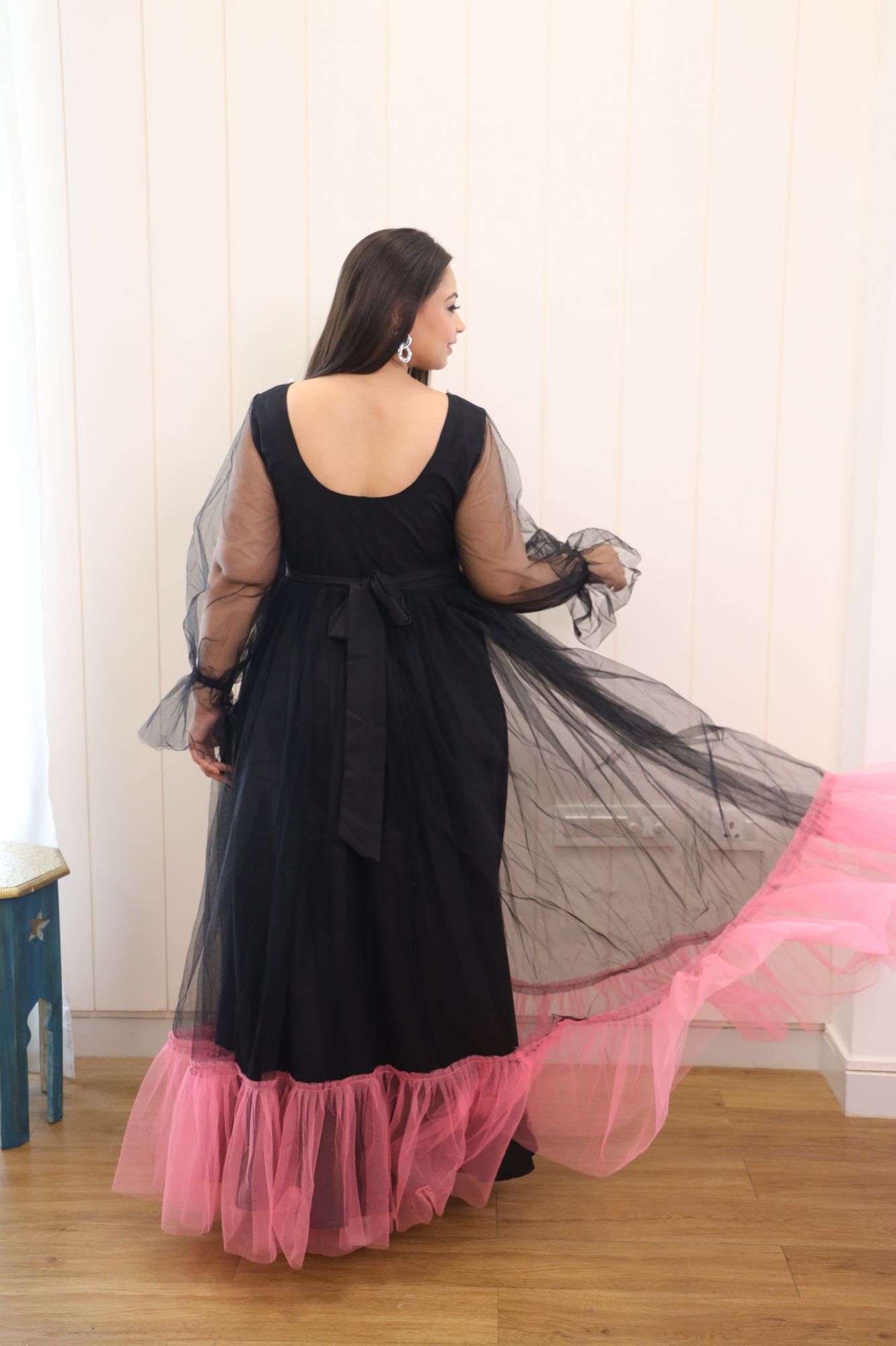 Black And Pink Net Frill Gown