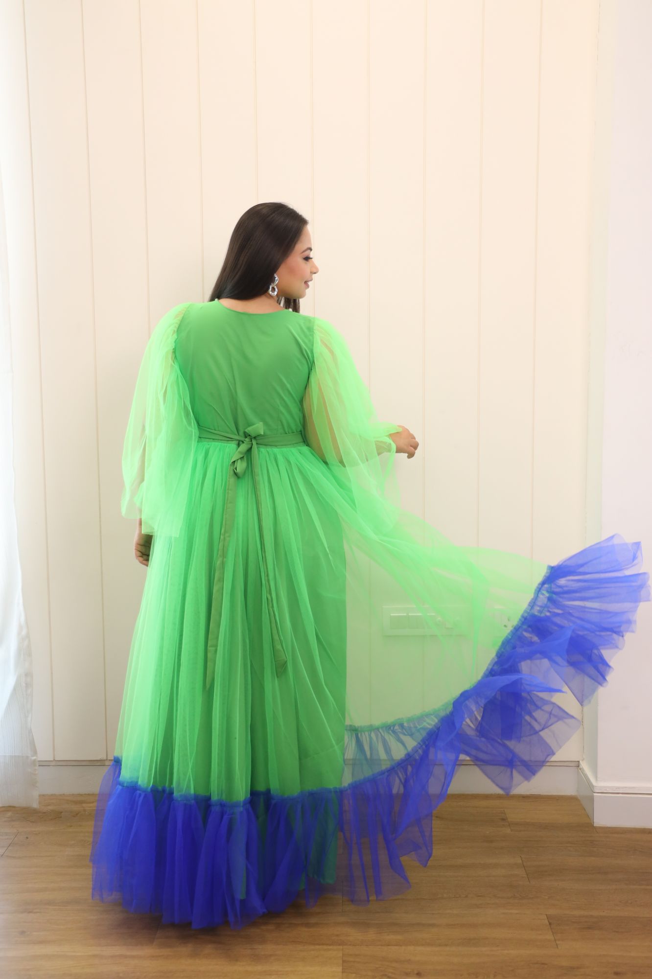 Green and Blue Pearl Net Frill Gown