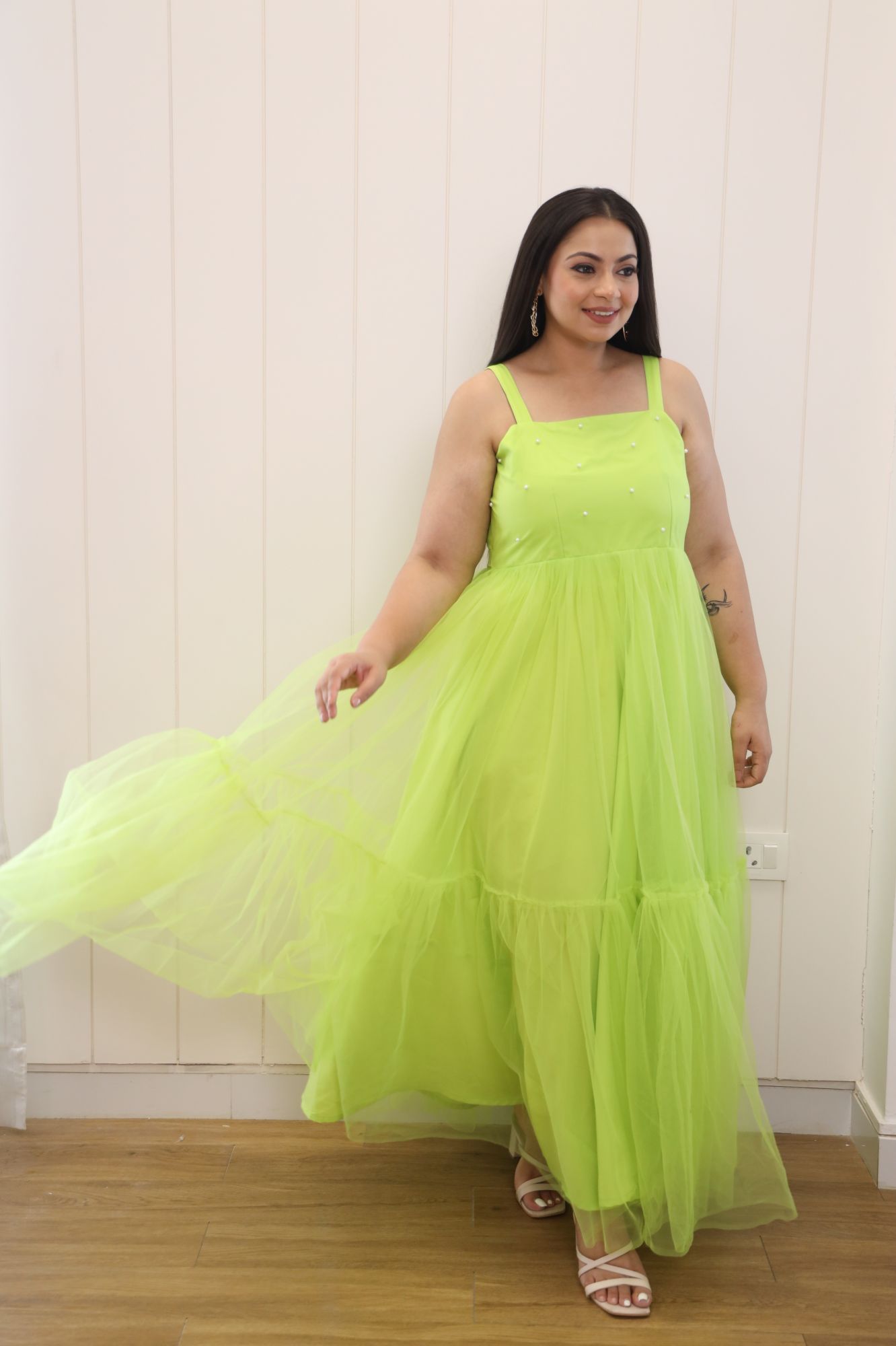 Neon Pearl Net Frill Gown