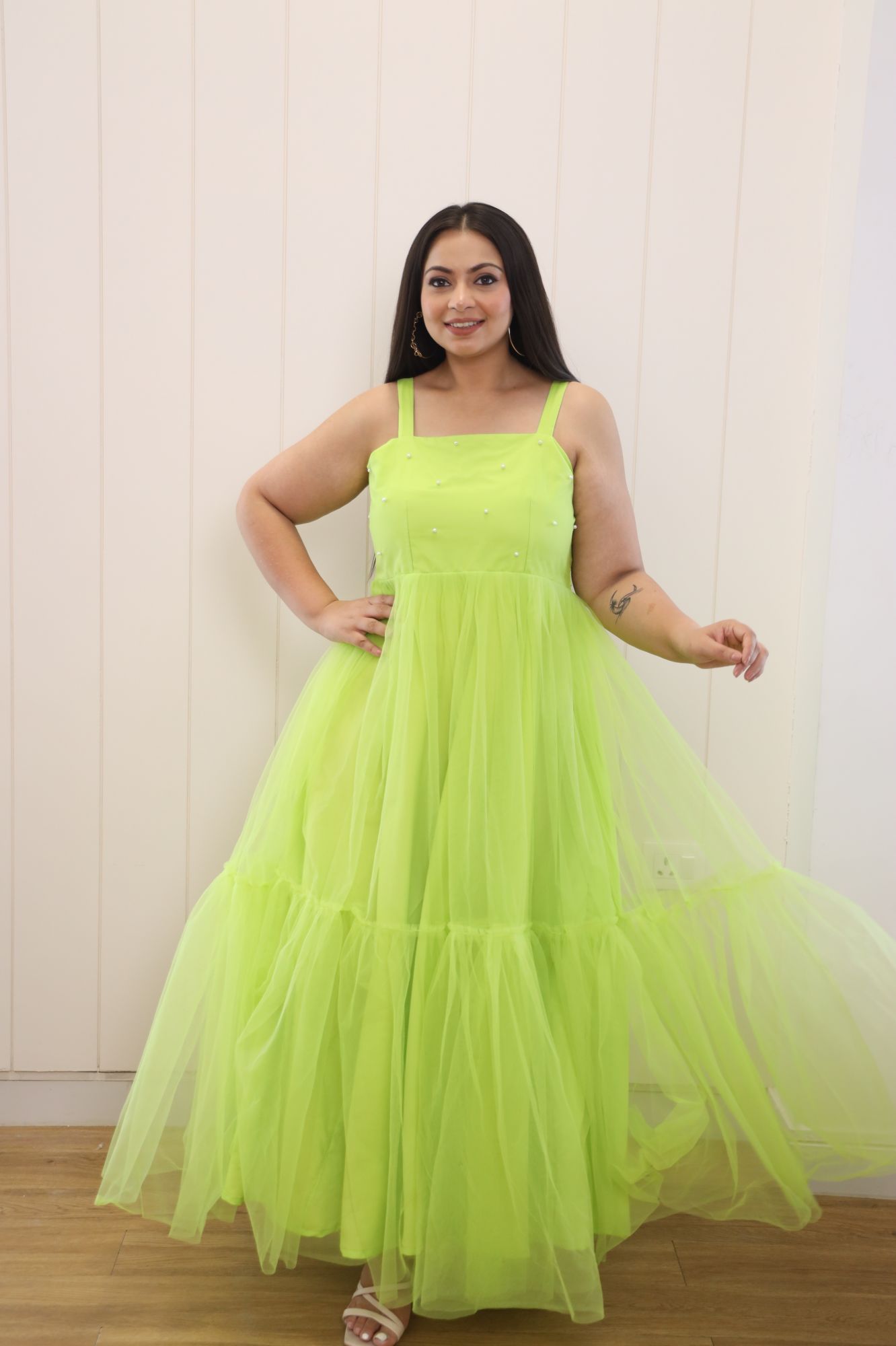 Neon Pearl Net Frill Gown