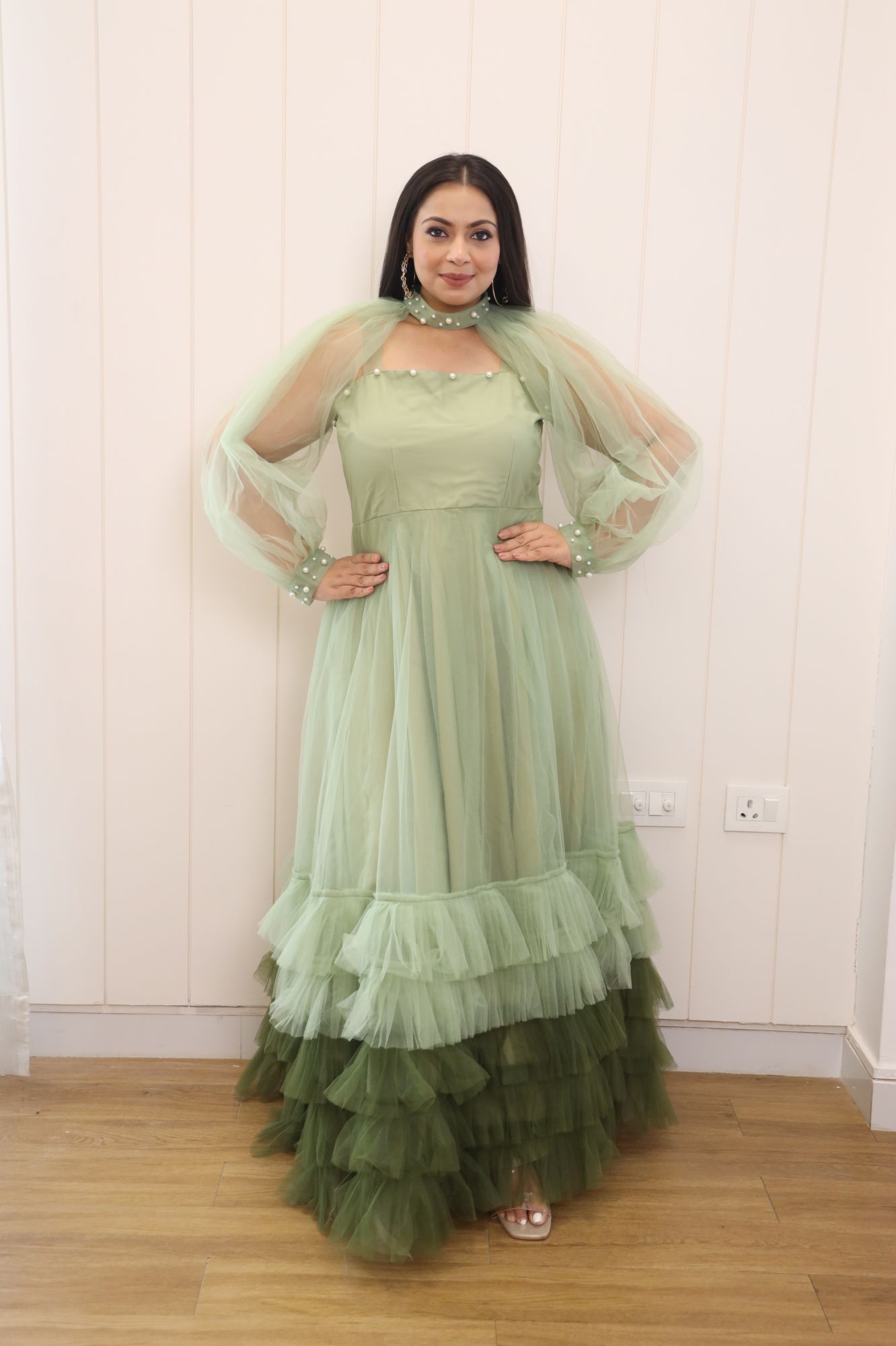 Shades Of Green Net Frill Gown With Collarband