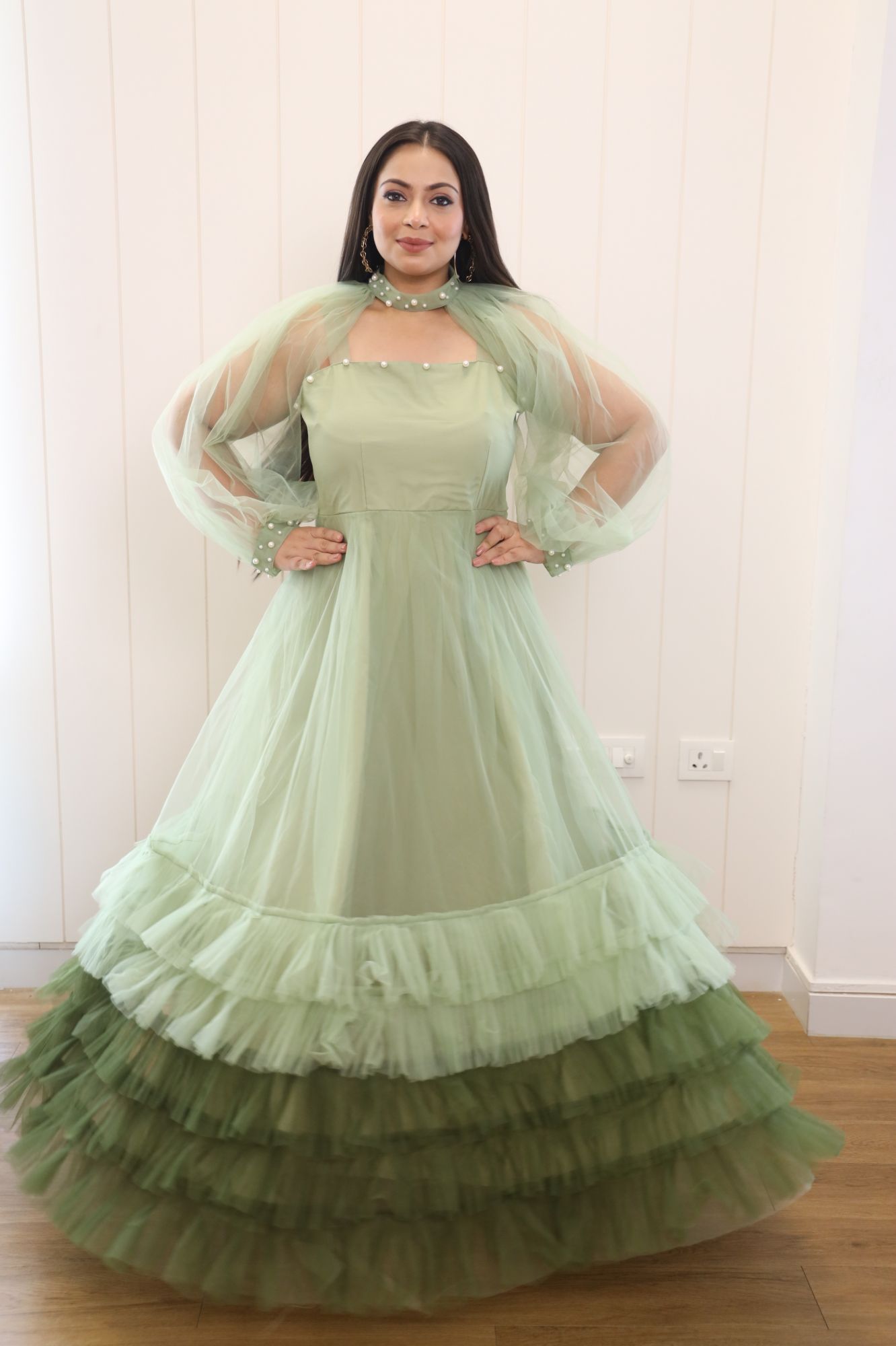 Shades Of Green Net Frill Gown With Collarband