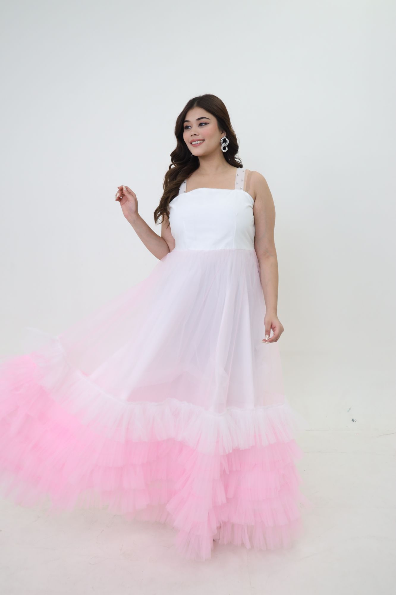 Pink And White Net Frill Gown