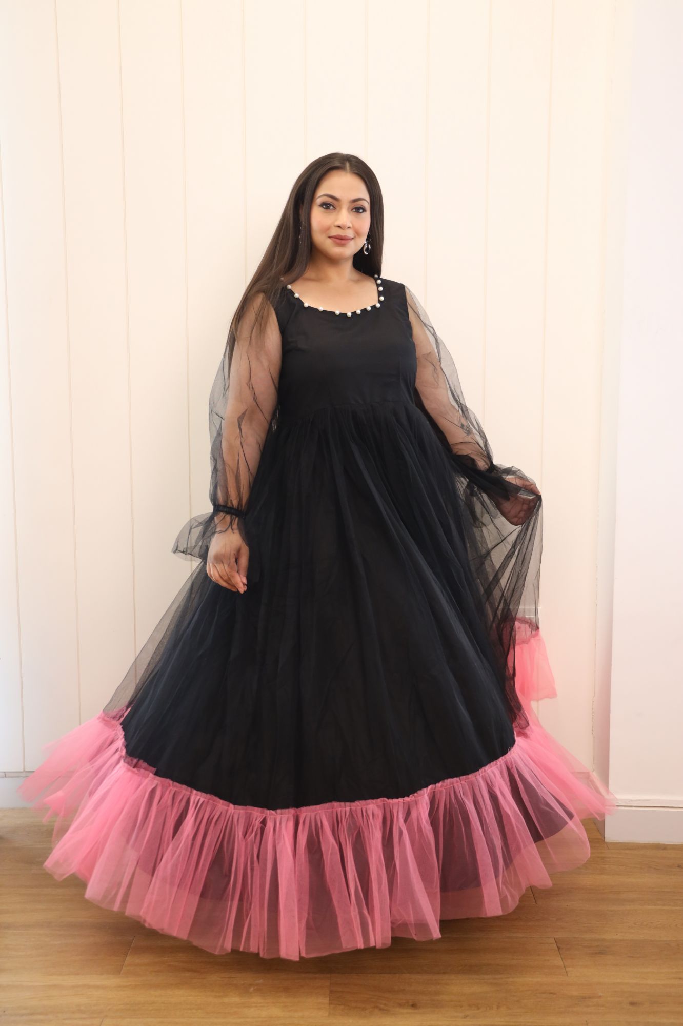 Black And Pink Net Frill Gown