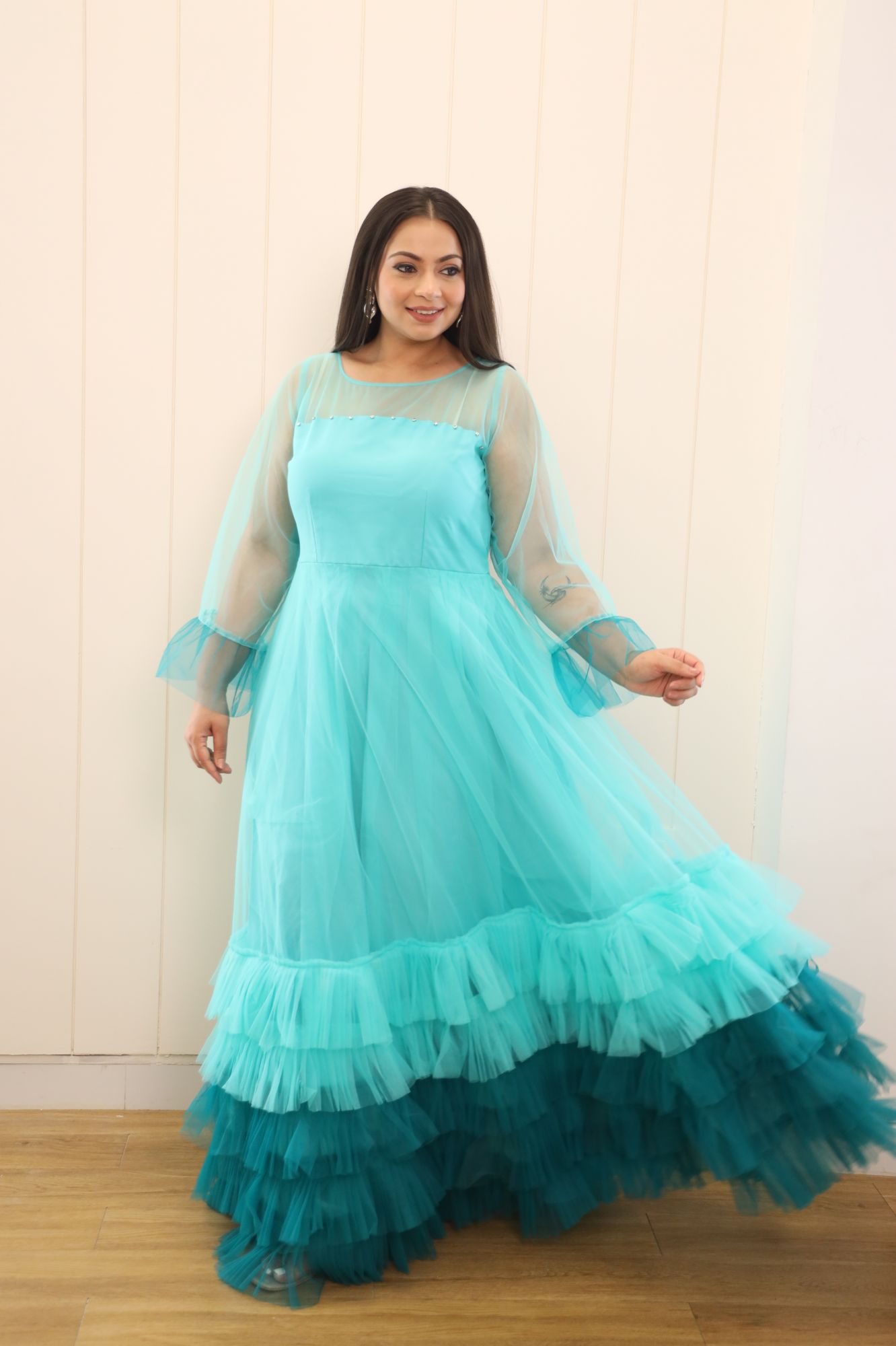 Blue Shaded Pearl Net Frill Gown