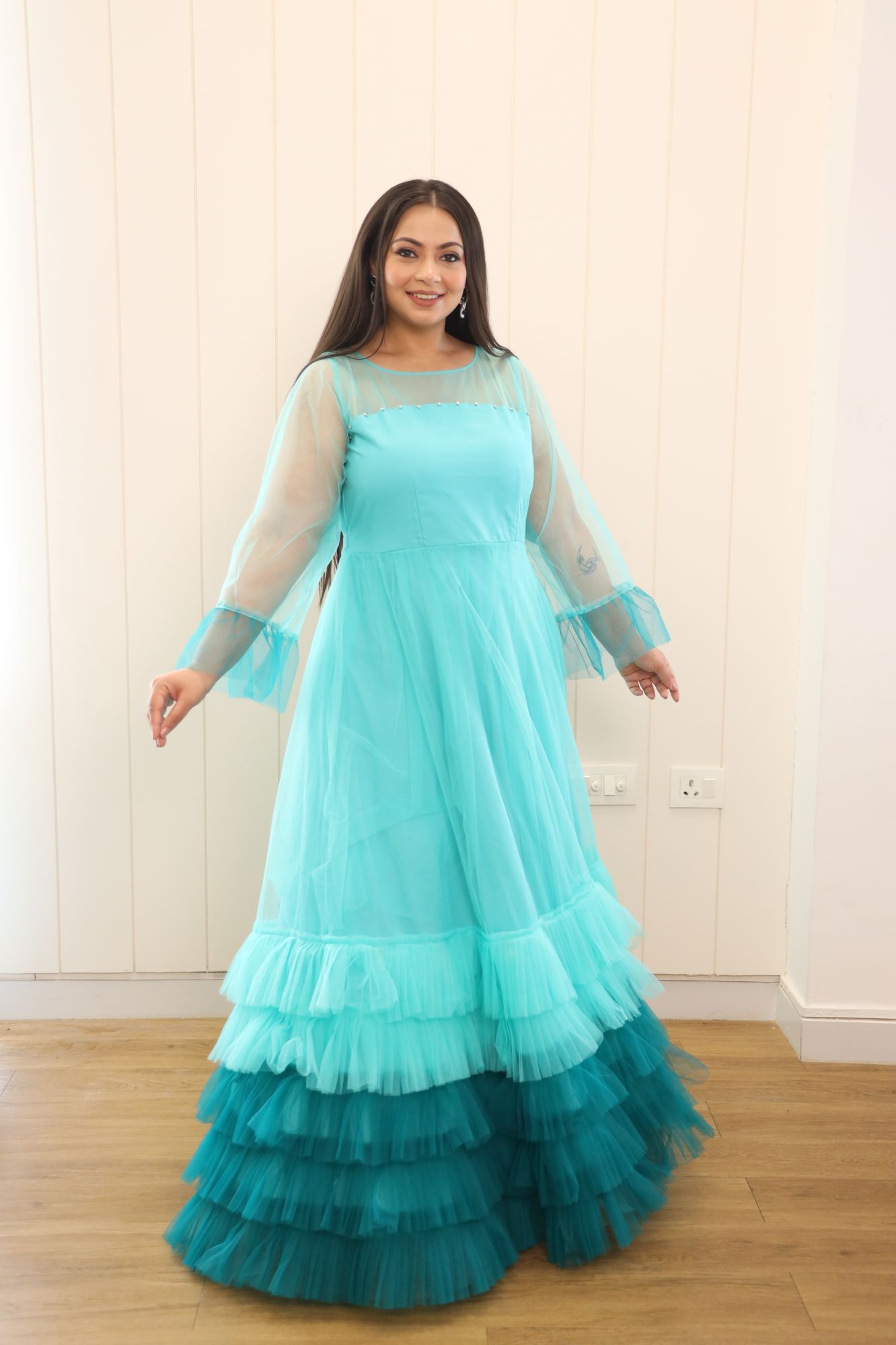 Blue Shaded Pearl Net Frill Gown