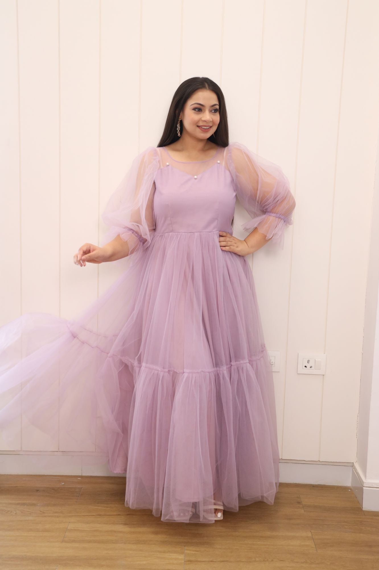 Dusty Lavender Pearl Net Frill Gown