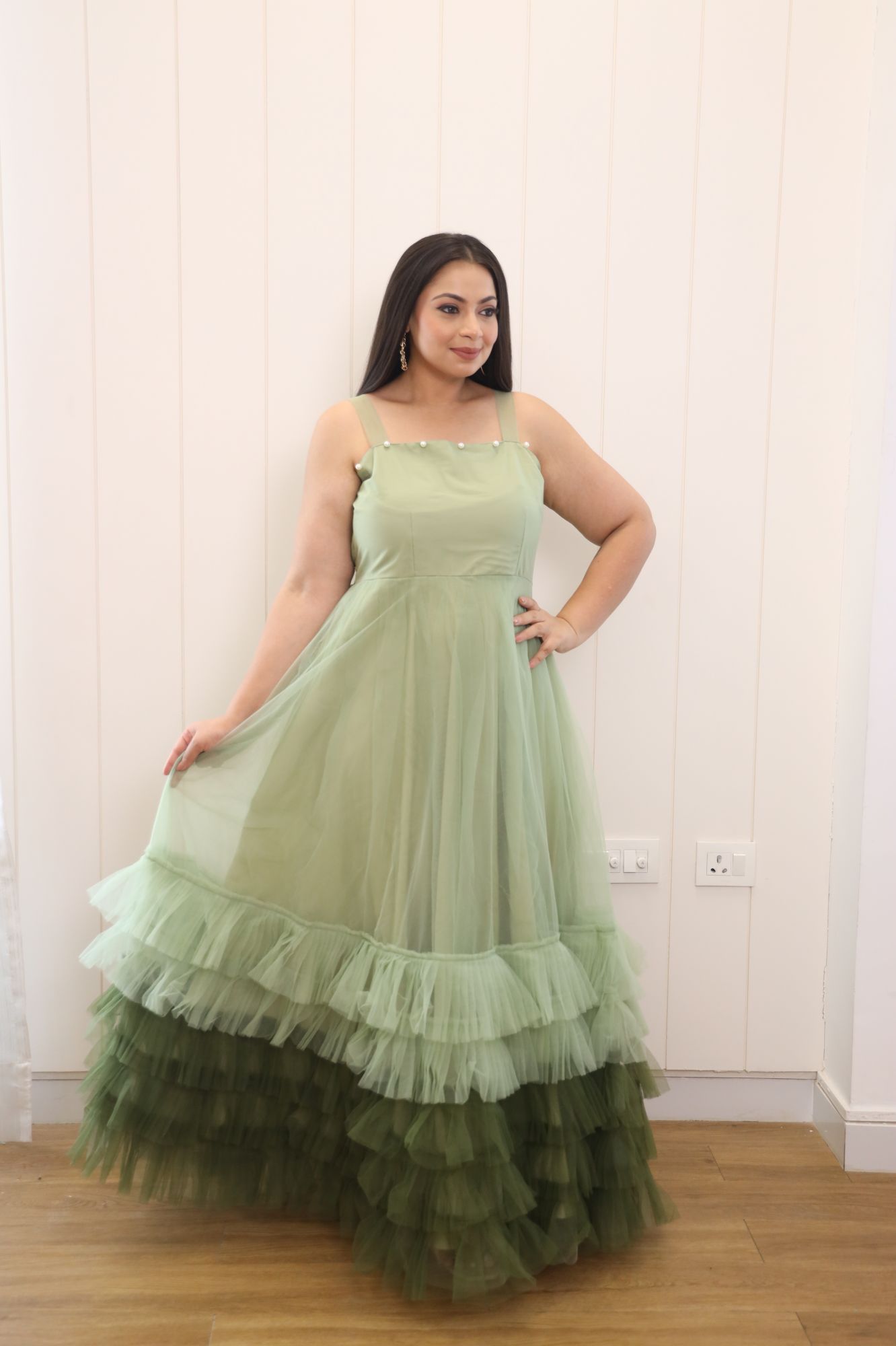 Shades Of Green Net Frill Gown